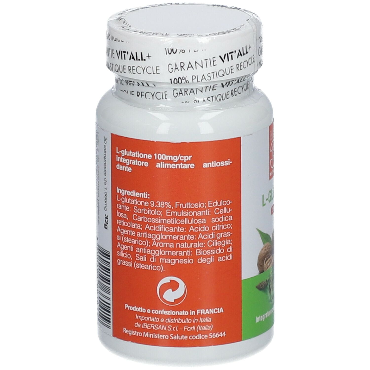 Retro flacone bianco METODO 3EMME L-Glutatione Compresse. Elenco ingredienti e informazioni produttore.