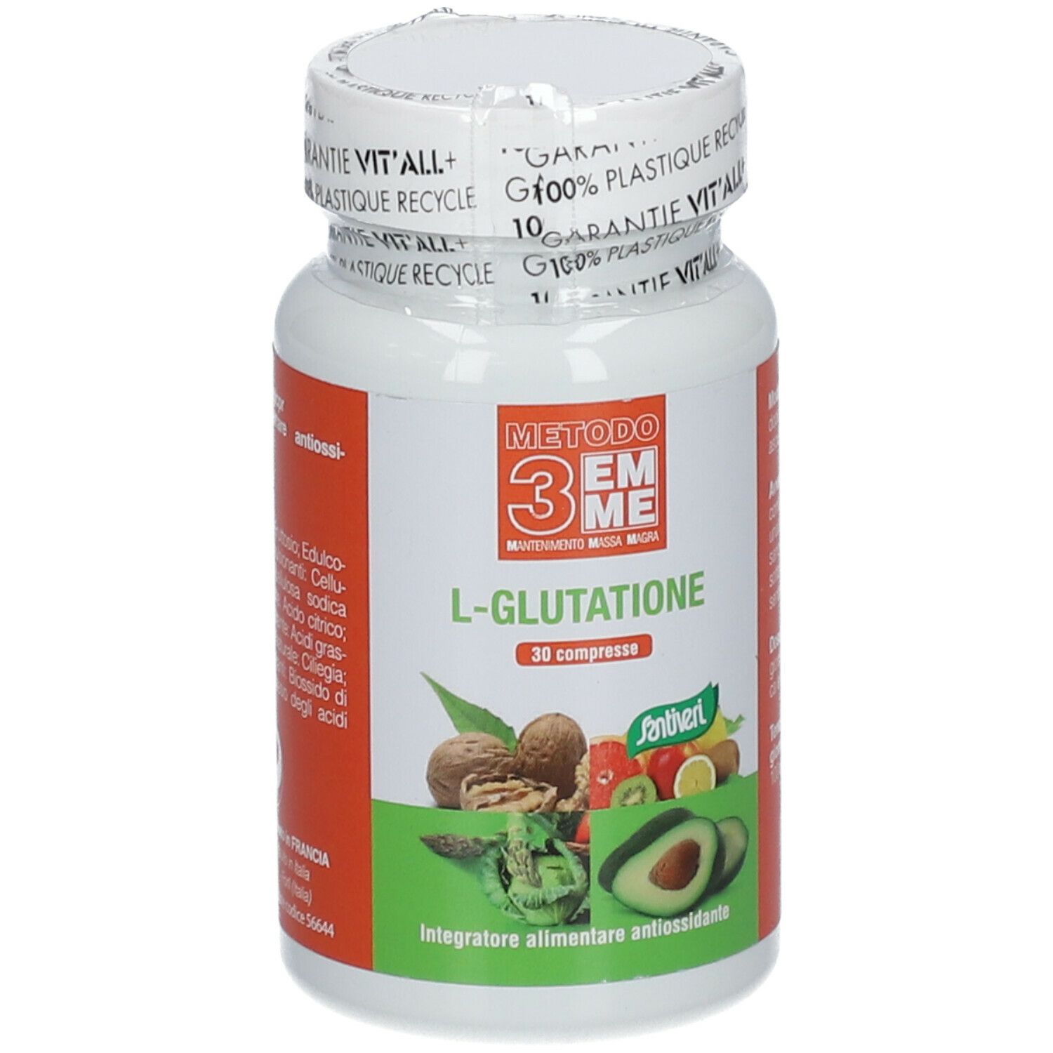 Flacone bianco METODO 3EMME L-Glutatione Compresse. Stampa frutta e noci. 30 compresse.