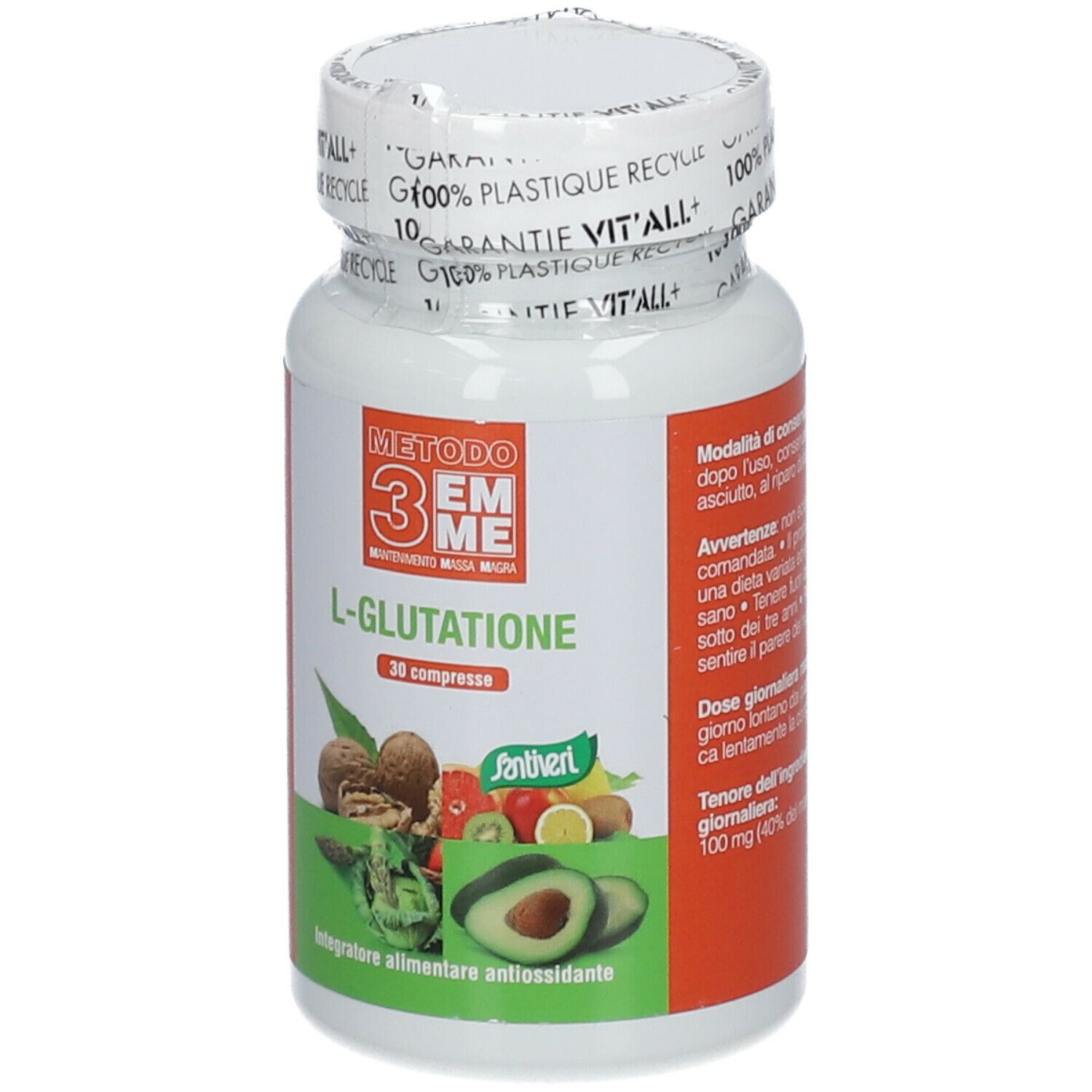 Flacone bianco METODO 3EMME L-Glutatione Compresse. Etichetta con informazioni prodotto e frutta.