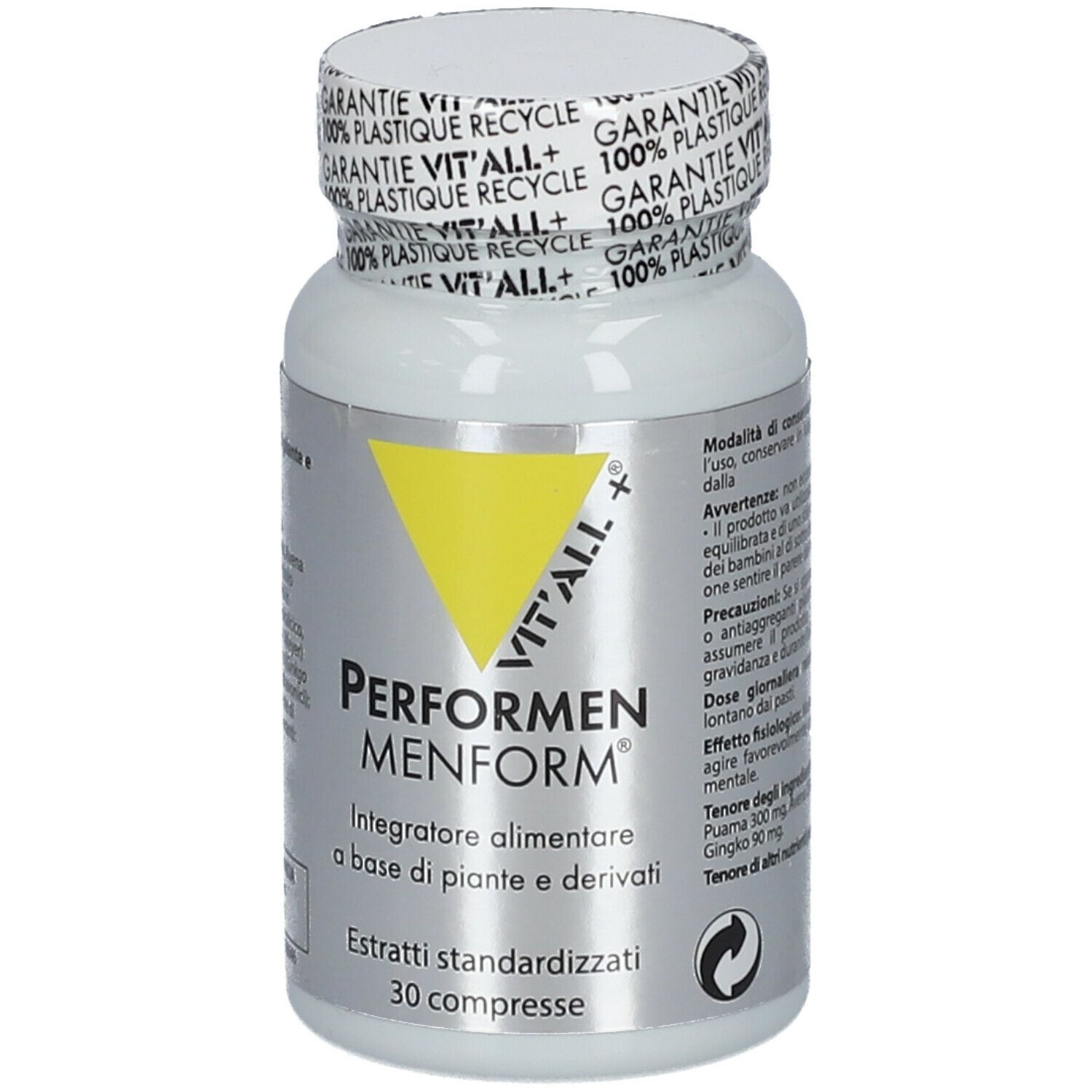 Flacone bianco VIT'ALL+ Performen Menform. Triangolo giallo con logo. 30 compresse. Tappo con '100% Plastique Recycle'.
