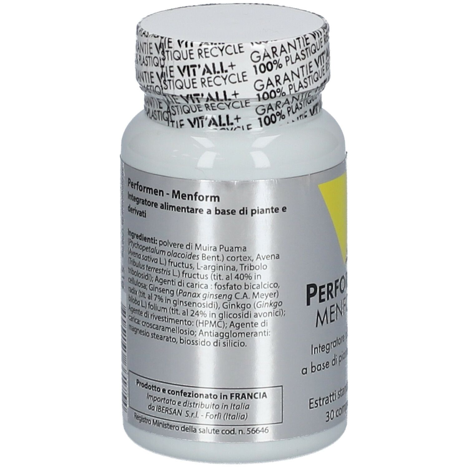 Retro del flacone bianco VIT'ALL+ Performen Menform. Elenco ingredienti e informazioni produttore. 30 compresse. Tappo con testo.