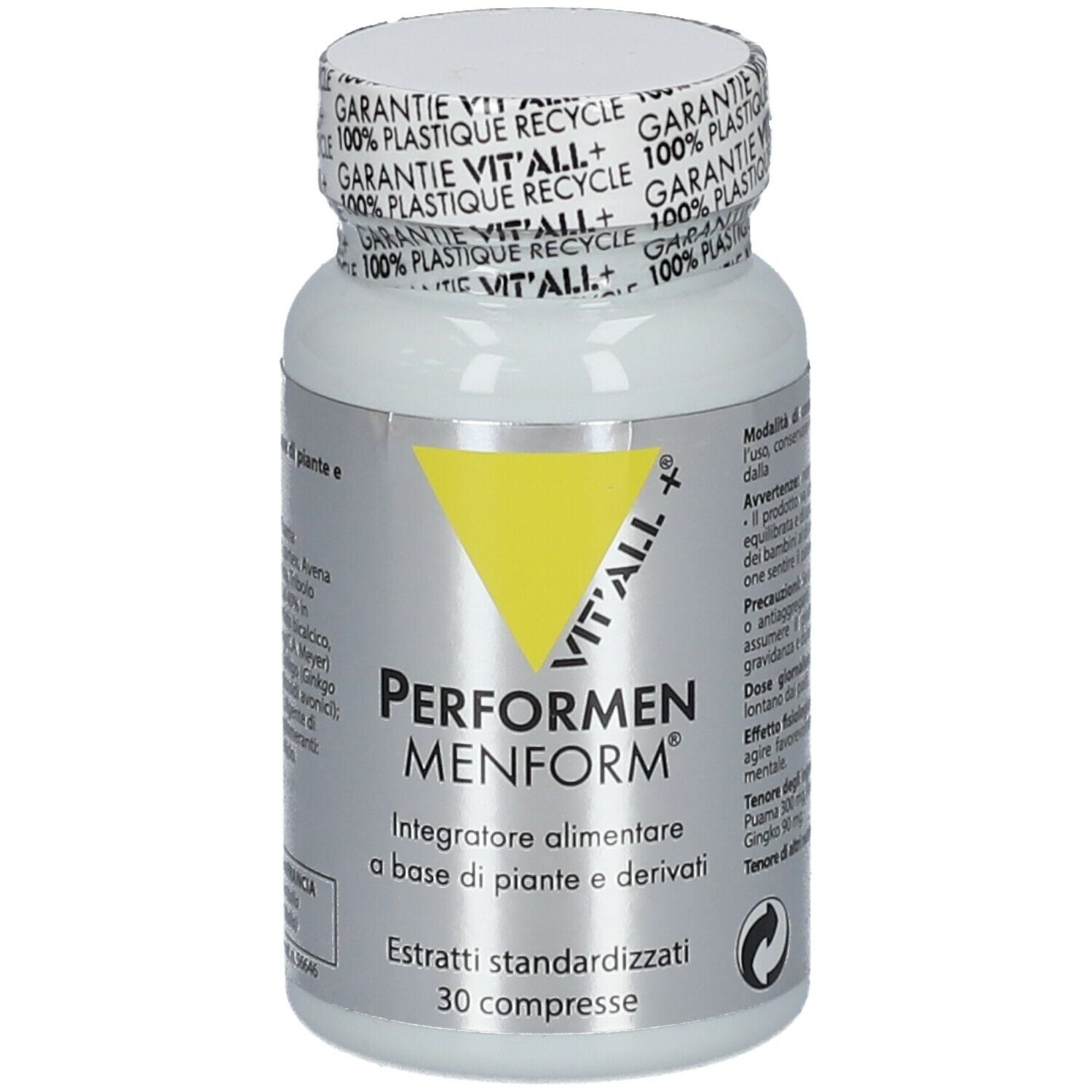 Flacone bianco VIT'ALL+ Performen Menform. Triangolo giallo con logo. 30 compresse. Tappo con '100% Plastique Recycle'.