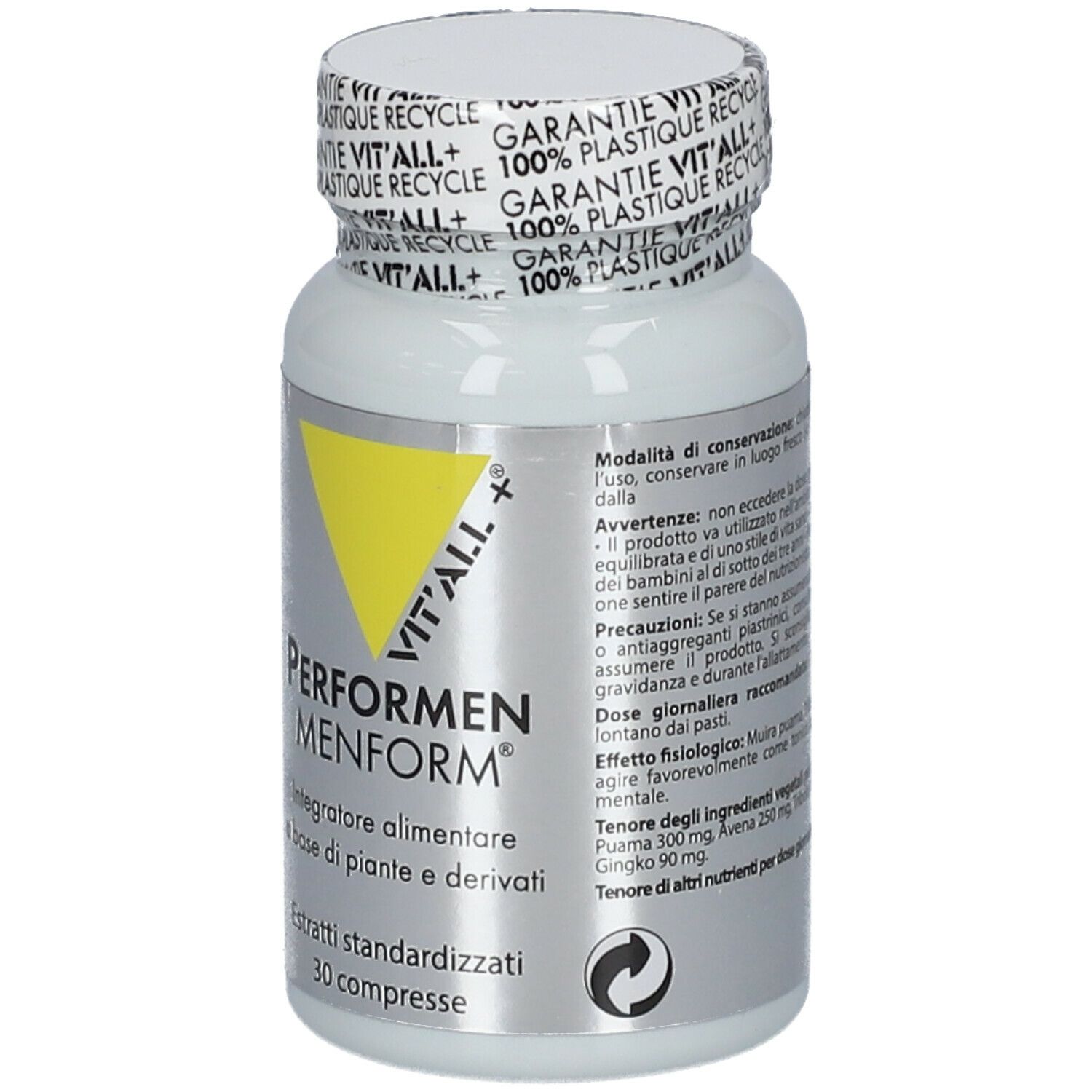 Flacone bianco VIT'ALL+ Performen Menform. Triangolo giallo con logo. 30 compresse. Tappo con '100% Plastique Recycle'.