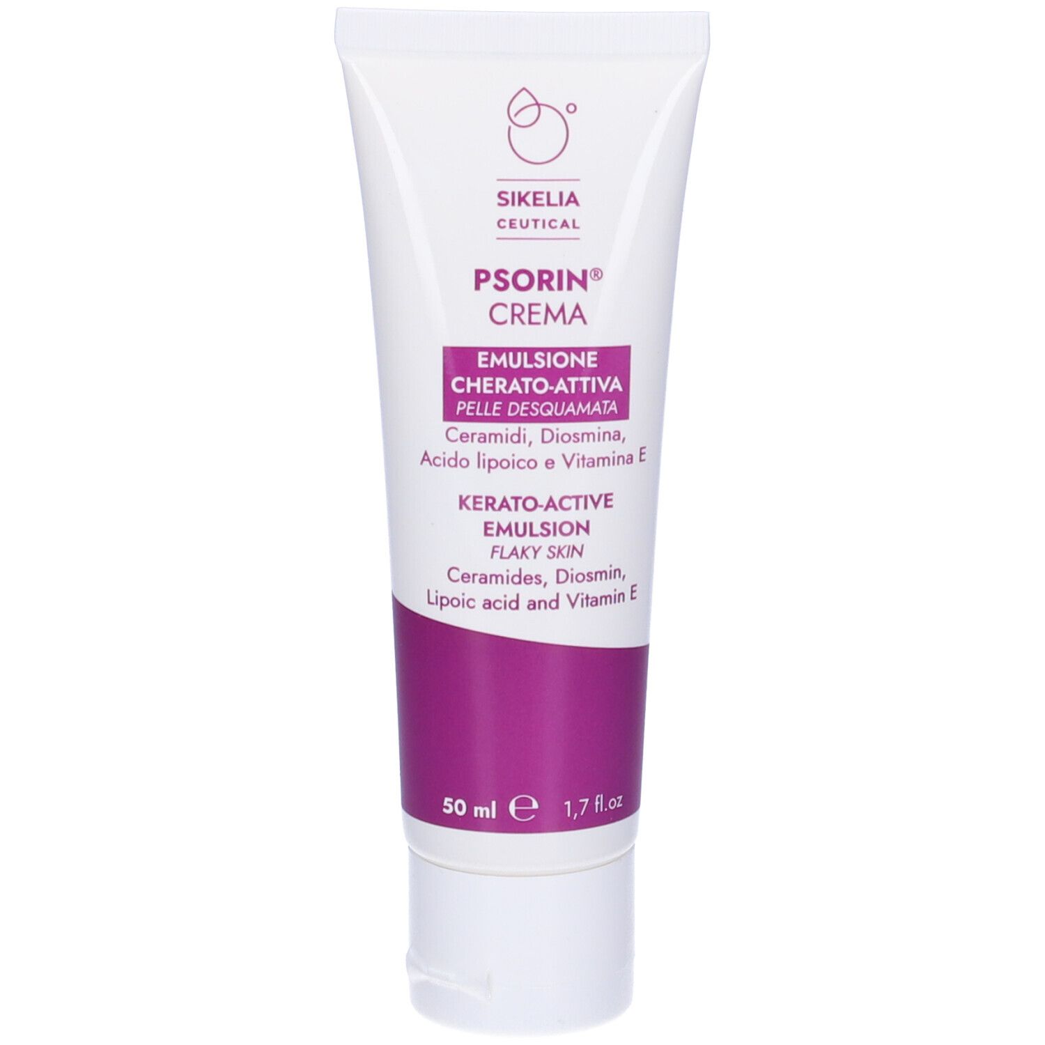 Tubo bianco con dettagli viola. Testo: PSORIN CREMA. Nome del prodotto e ingredienti.