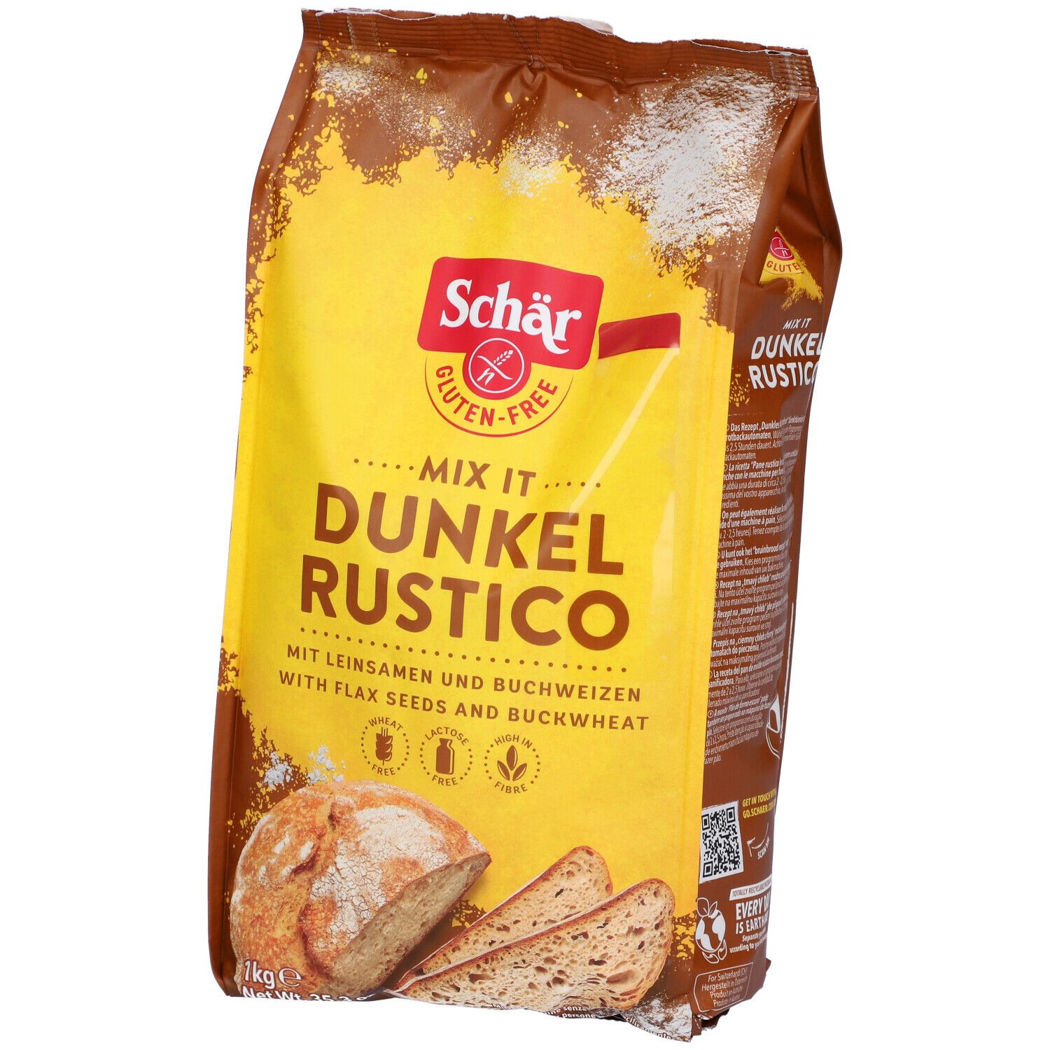 Confezione di Schär Mix It Dunkel Rustico. Farina senza glutine con semi di lino e grano saraceno. Scritta: Schär, Mix It, Dunkel Rustico, 1kg.