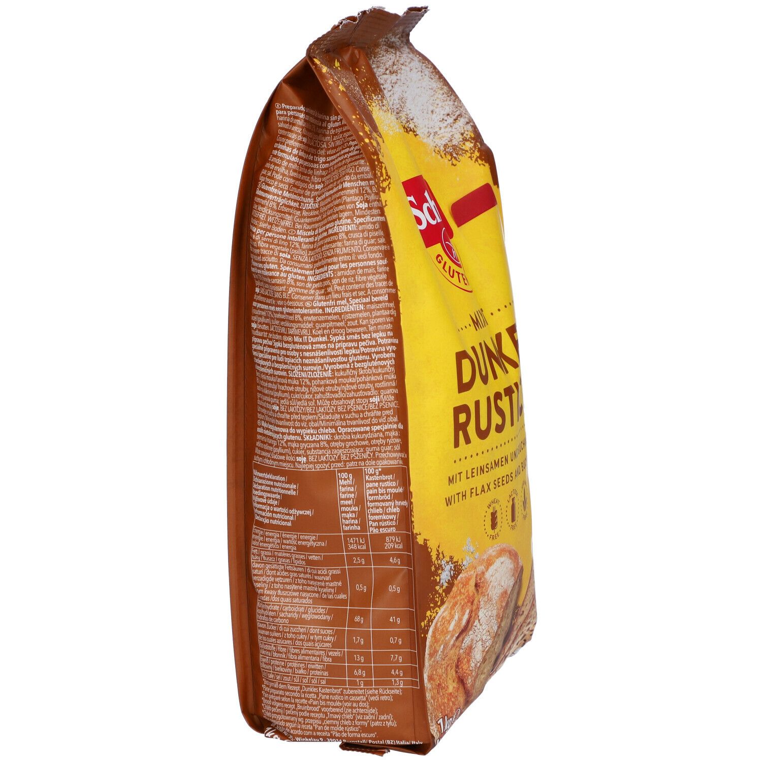 Vista laterale della confezione Schär Mix It Dunkel Rustico. Stampa con informazioni nutrizionali e informazioni sul prodotto. Senza glutine.