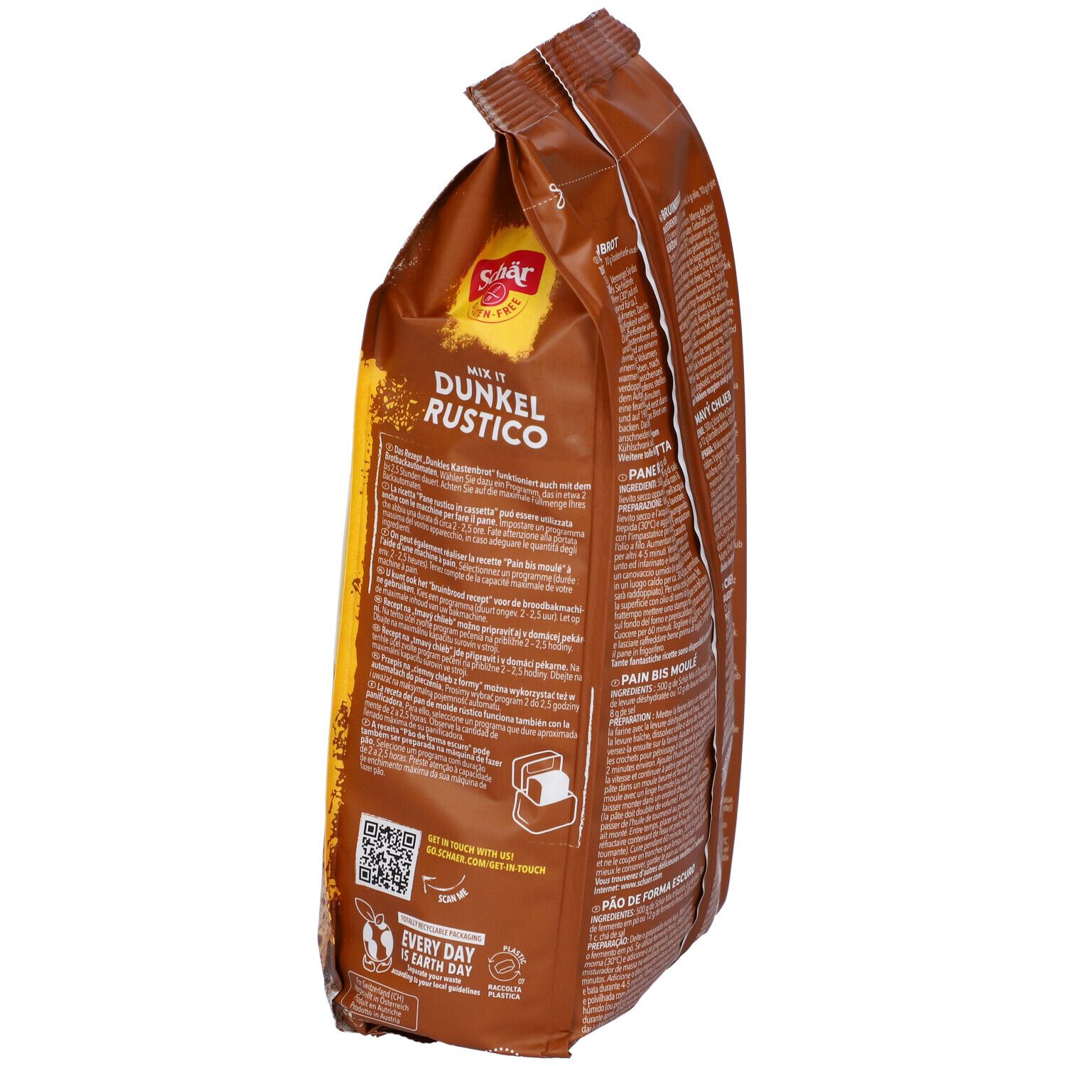 Vista laterale della confezione Schär Mix It Dunkel Rustico. Stampa con informazioni sul prodotto e codice QR. Senza glutine.