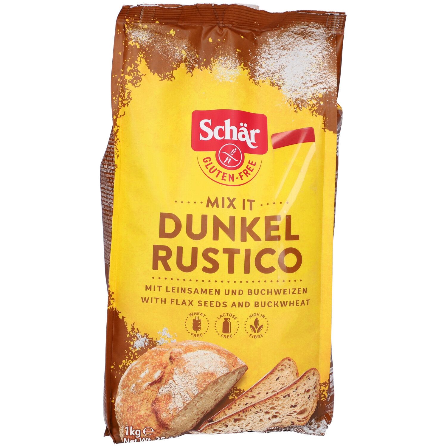 Confezione di Schär Mix It Dunkel Rustico. Farina senza glutine con semi di lino e grano saraceno. Scritta: Schär, Mix It, Dunkel Rustico, 1kg.