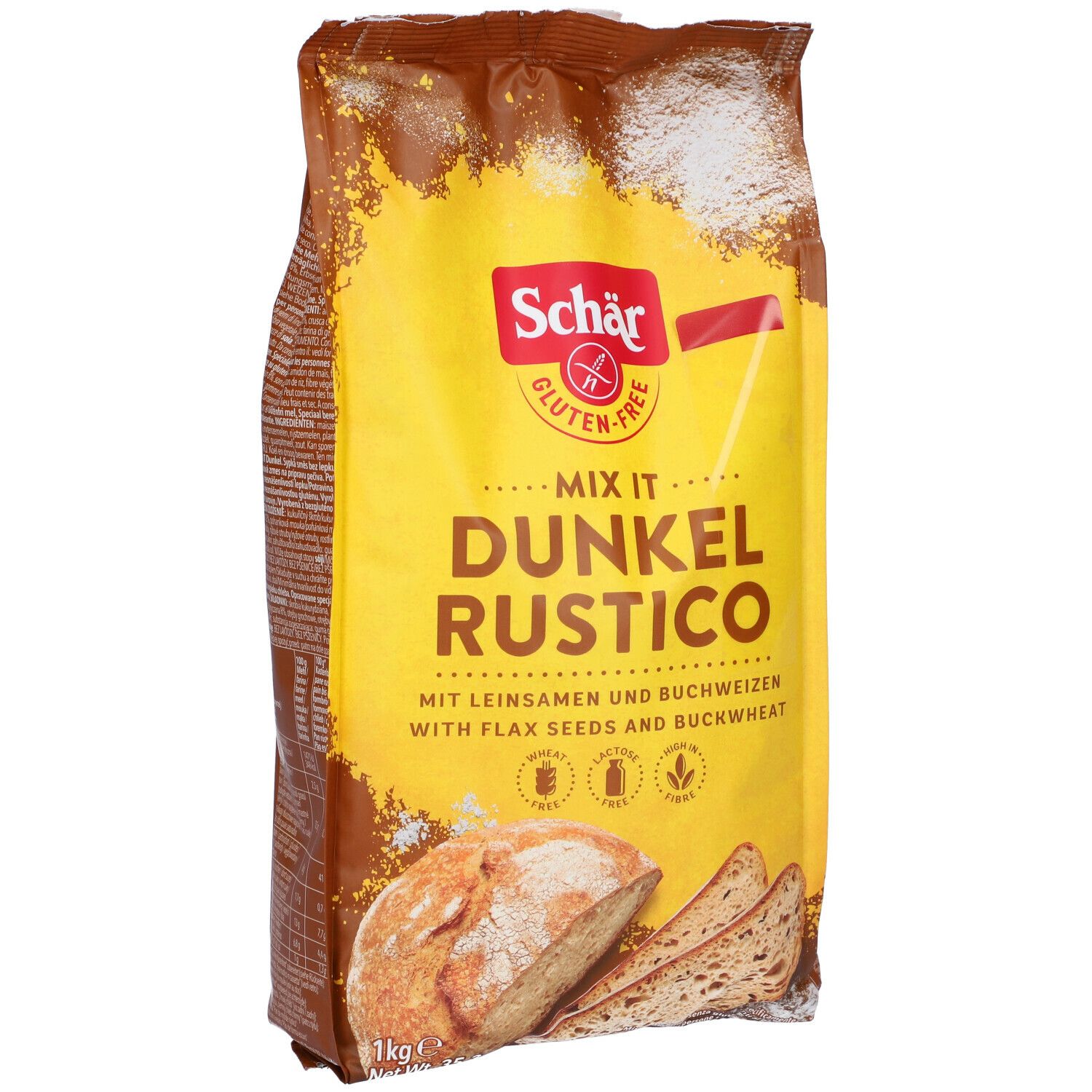 Confezione di Schär Mix It Dunkel Rustico. Farina senza glutine con semi di lino e grano saraceno. Scritta: Schär, Mix It, Dunkel Rustico, 1kg.