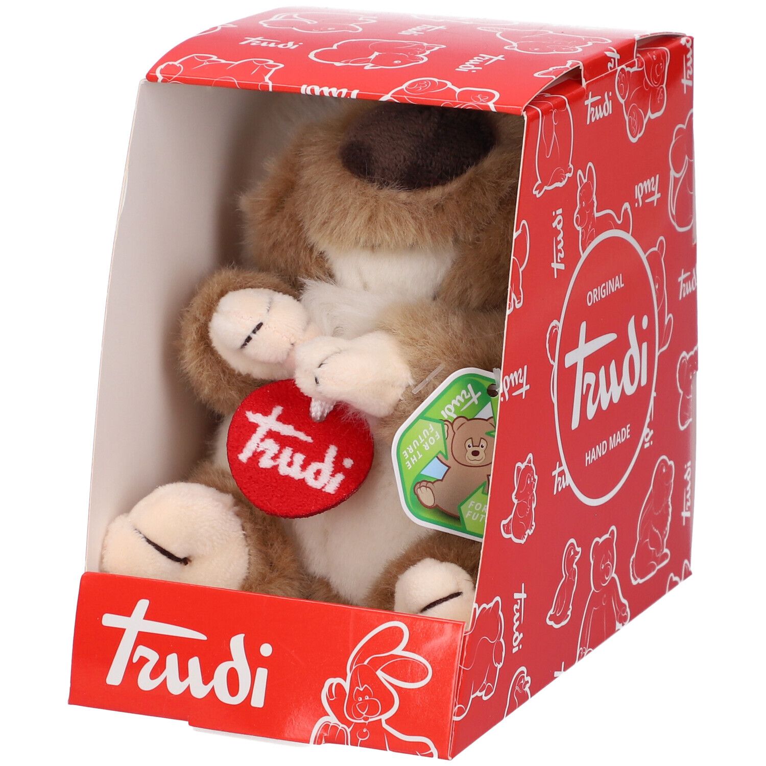 Koala di peluche in confezione rossa Trudi. Il koala è marrone e bianco. Etichetta rossa con logo Trudi.