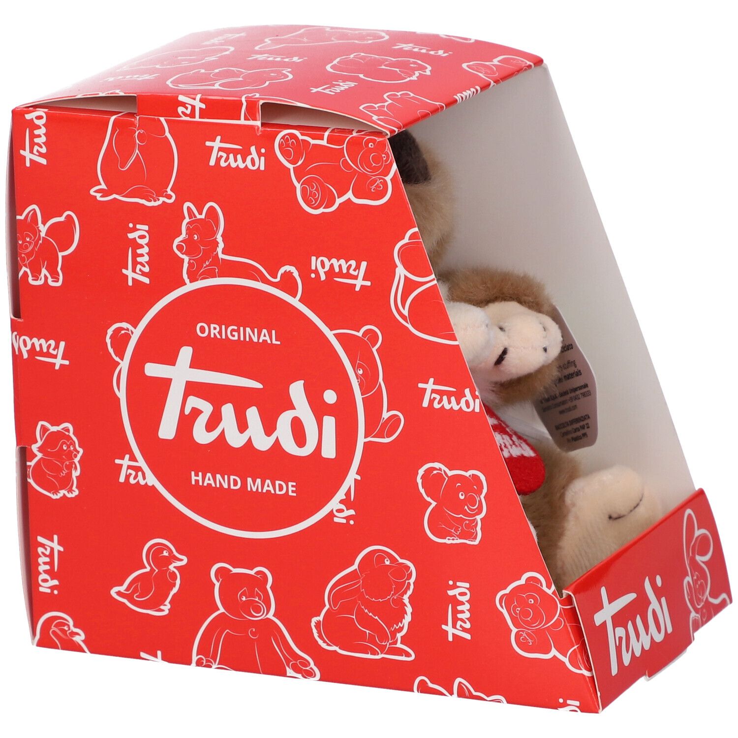 Koala di peluche in confezione rossa Trudi. Il koala è marrone e bianco. Etichetta rossa con logo Trudi.