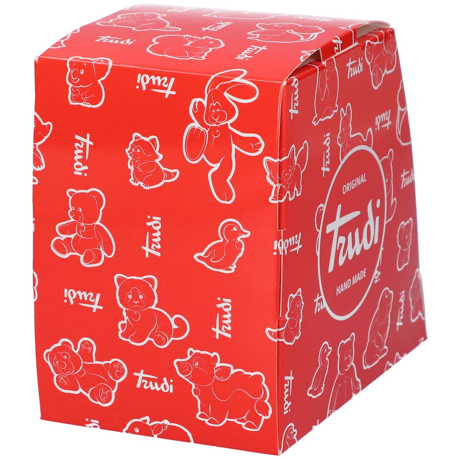 Confezione rossa Trudi con motivi di orsetti bianchi. Sulla confezione sono presenti le scritte Trudi e Original Hand Made.