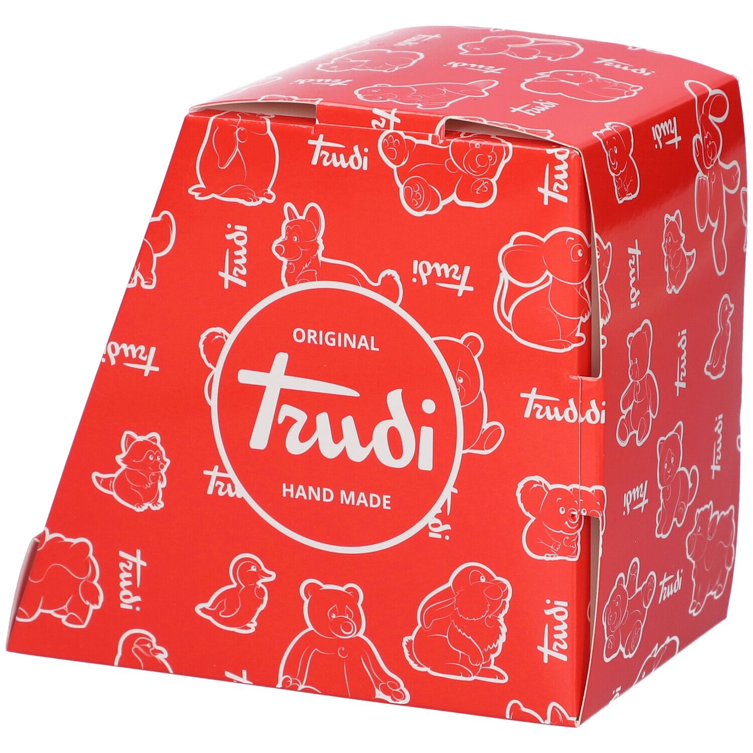 Confezione rossa Trudi con motivi di orsetti bianchi. Sulla confezione sono presenti le scritte Trudi e Original Hand Made.