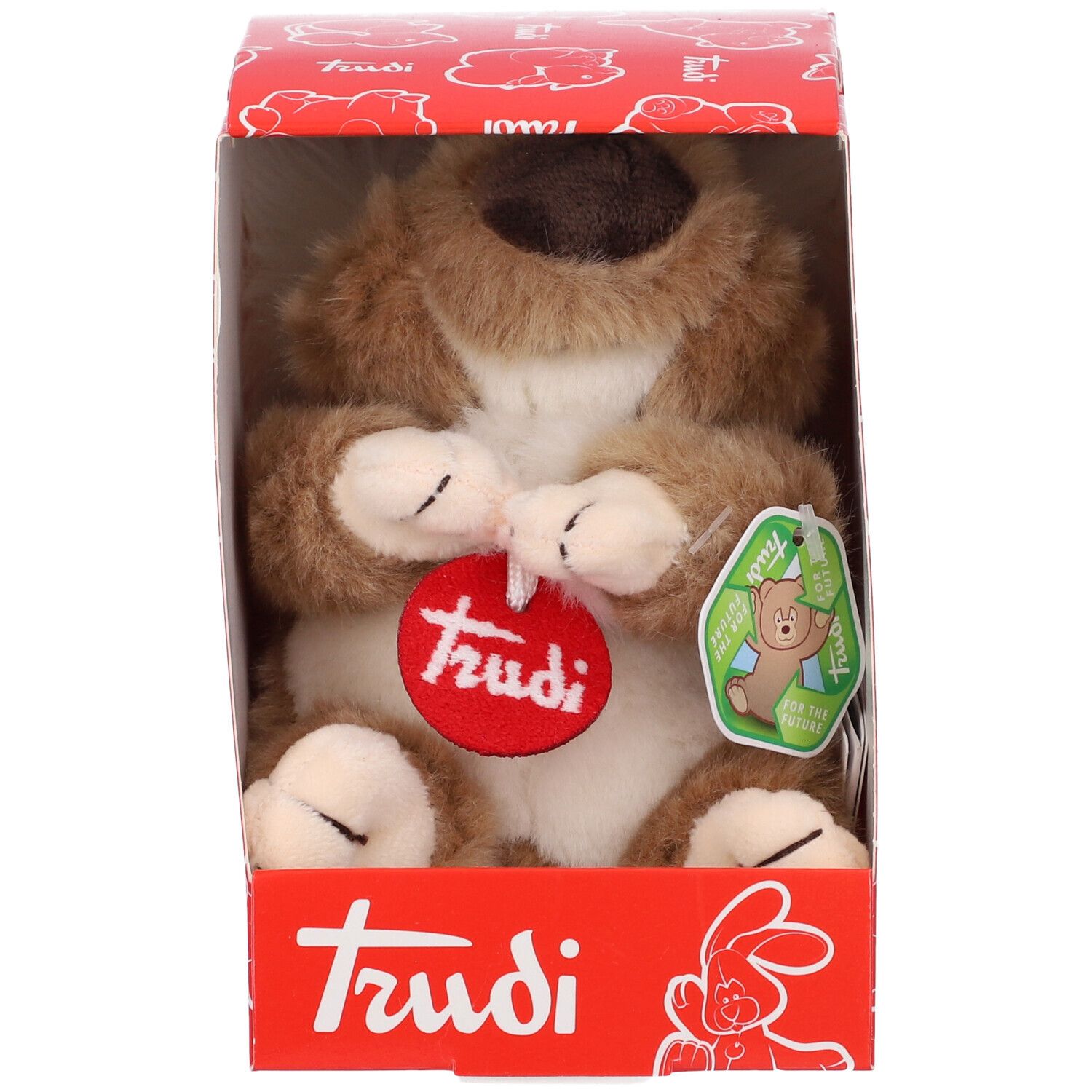 Koala di peluche in confezione rossa Trudi. Il koala è marrone e bianco. Etichetta rossa con logo Trudi.