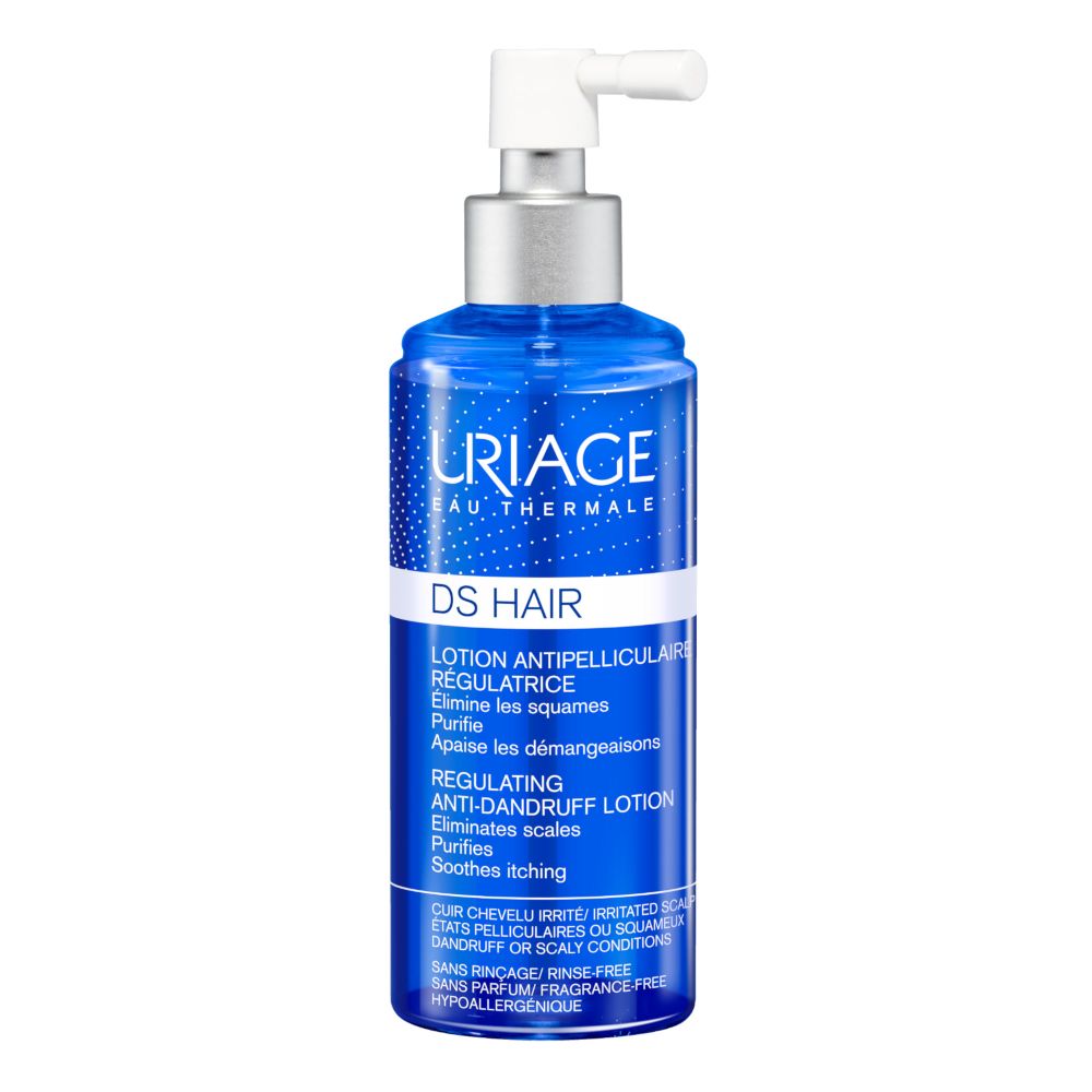 Flacone blu con erogatore bianco. Scritta: Uriage DS Hair, Lotion Antipelliculaire Régulatrice.