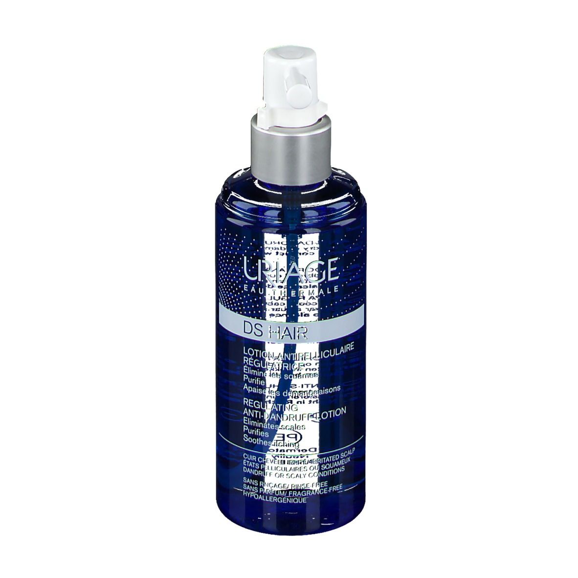 Flacone blu con erogatore bianco. Scritta: Uriage DS Hair, Lotion Antipelliculaire Régulatrice.