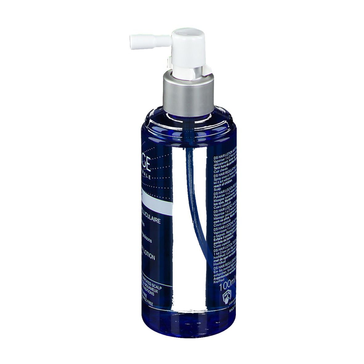 Flacone blu con erogatore bianco. Scritta: Uriage DS Hair, Lotion Antipelliculaire Régulatrice.