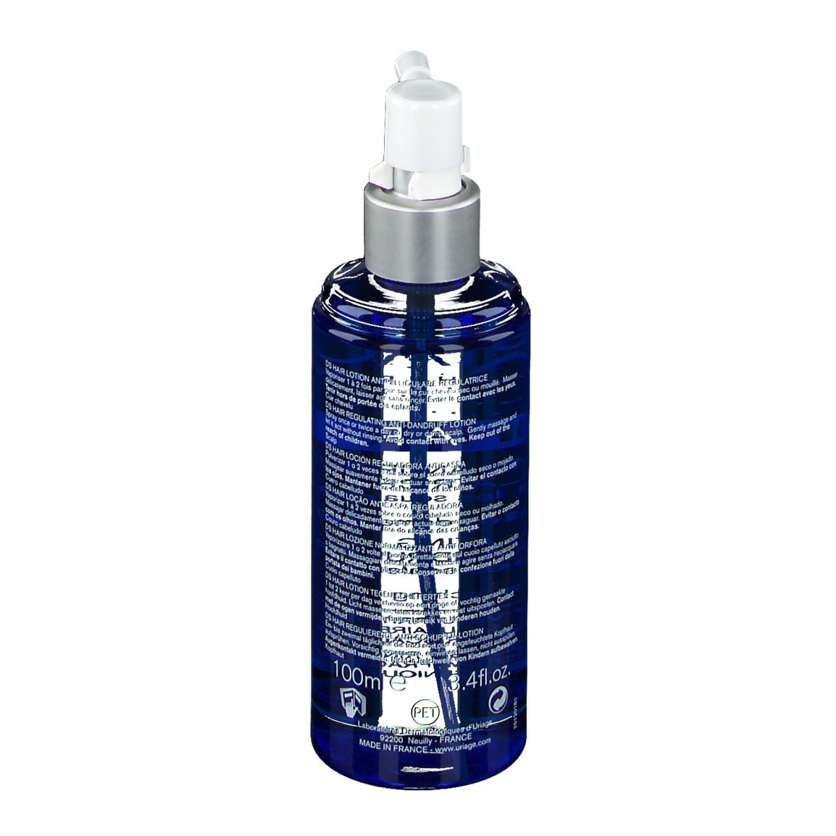 Retro del flacone blu. Testo multilingue. Volume: 100ml. Prodotto in Francia.