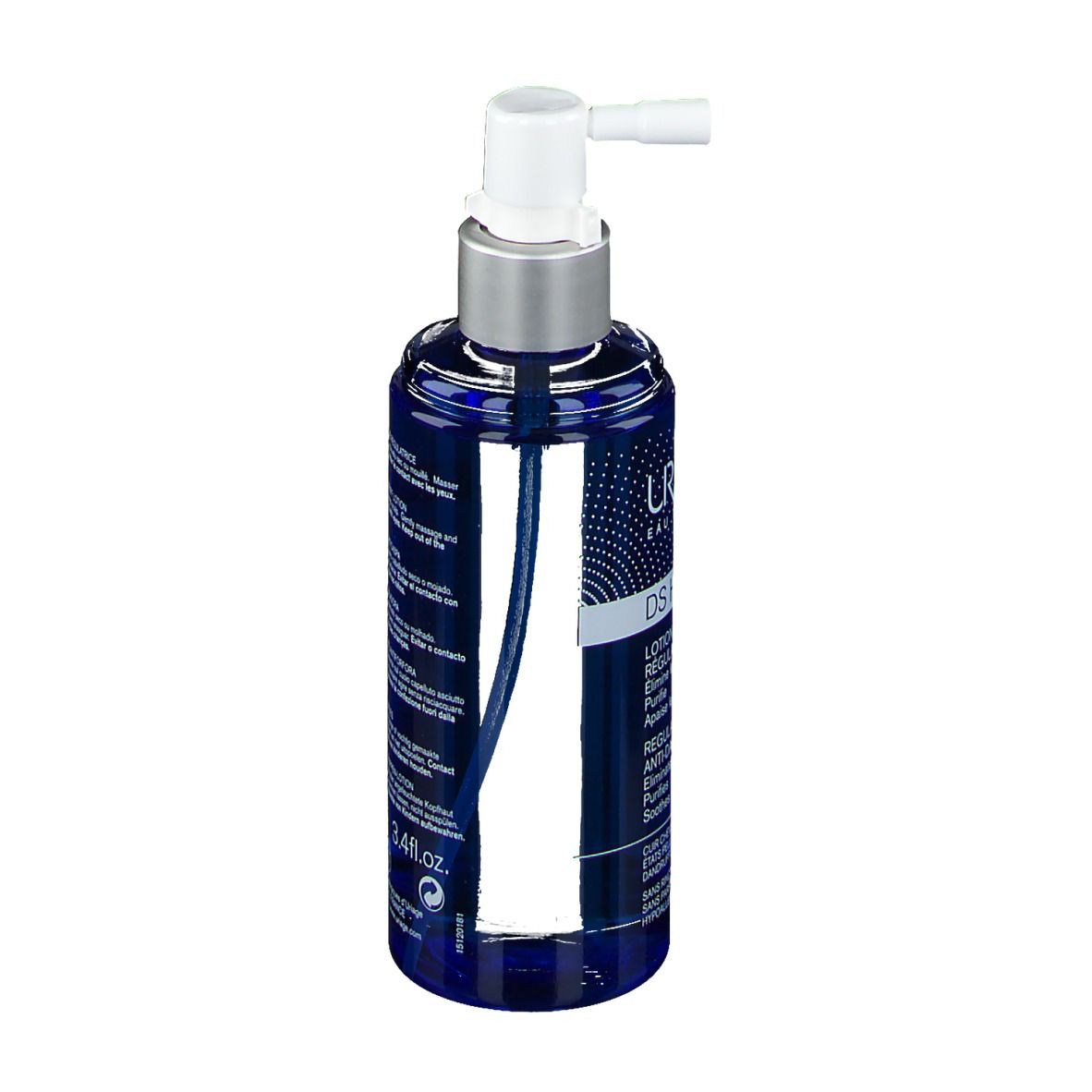 Retro del flacone blu. Testo multilingue. Volume: 100ml. Prodotto in Francia.