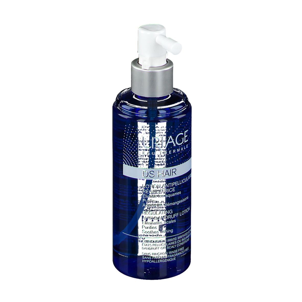 Flacone blu con erogatore bianco. Scritta: Uriage DS Hair, Lotion Antipelliculaire Régulatrice.