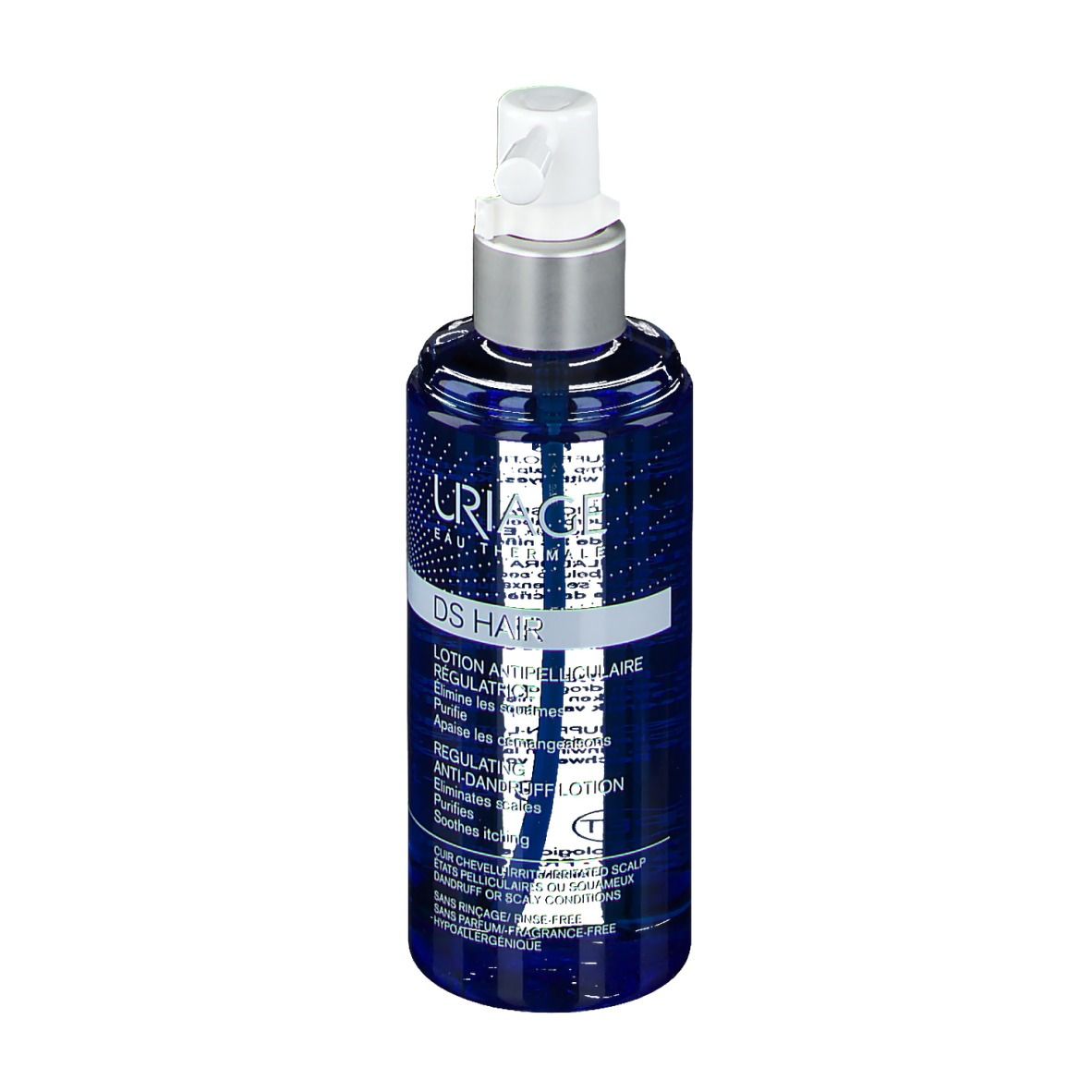 Flacone blu con erogatore bianco. Scritta: Uriage DS Hair, Lotion Antipelliculaire Régulatrice.