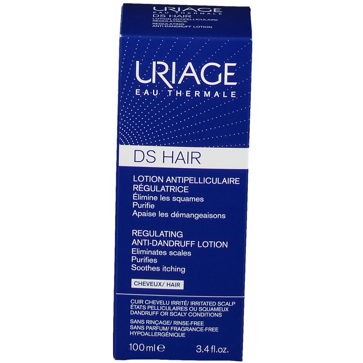 Confezione del prodotto: Scatola blu. Scritta: Uriage DS Hair, Lotion Antipelliculaire Régulatrice.