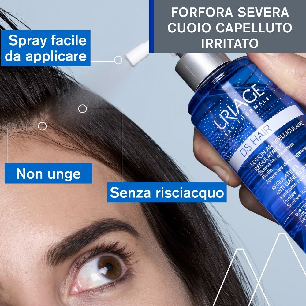 Applicazione della lozione sui capelli. Testo: Spray facile da applicare, Non unge, Senza risciacquo.