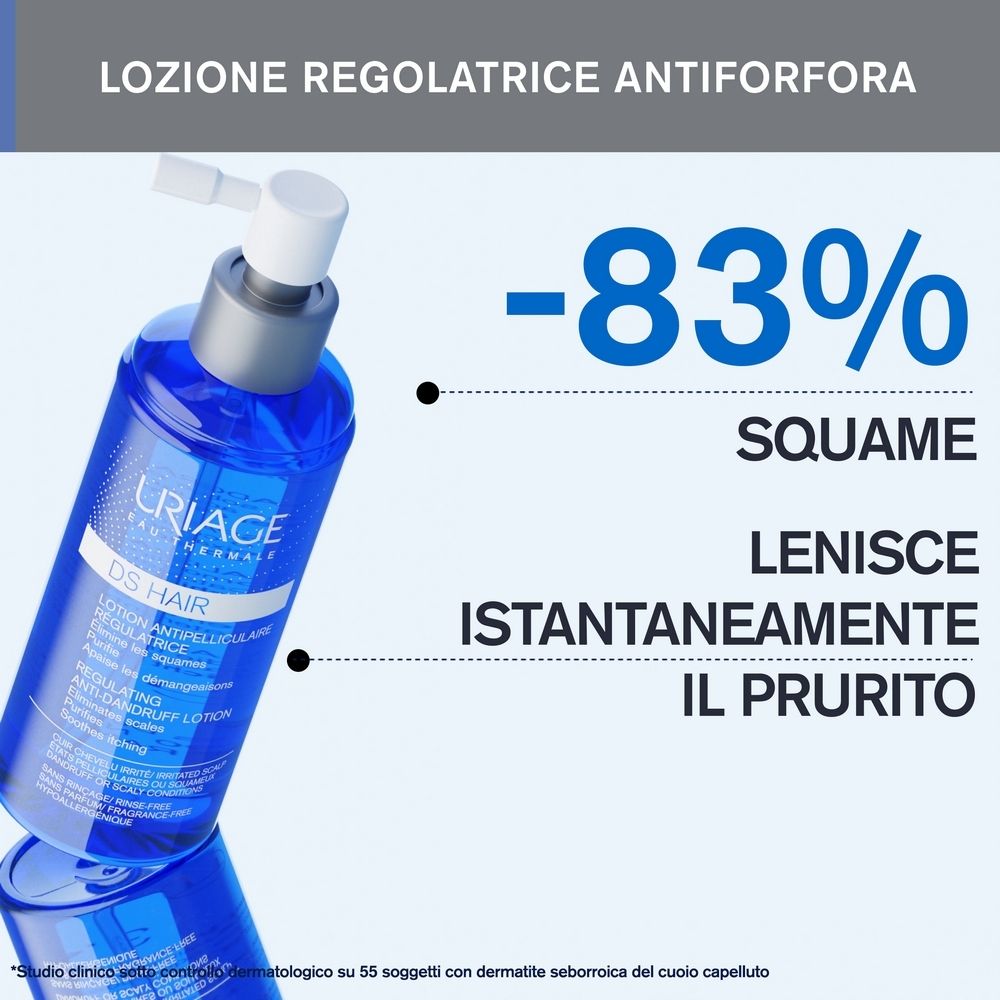 Flacone blu. Testo: -83% Squame, Lenisce istantaneamente il prurito. Uriage DS Hair.