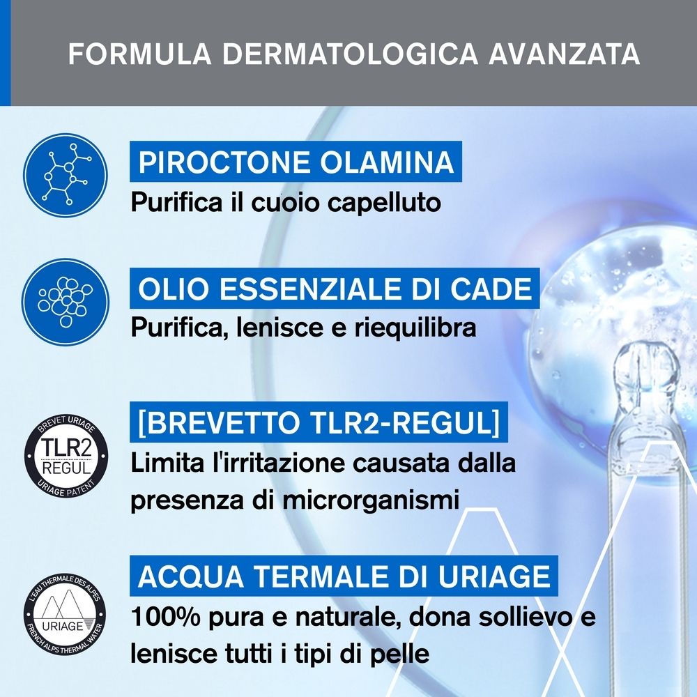 Grafico con ingredienti: Piroctone Olamine, Olio Essenziale di Cade, Brevetto TLR2-REGUL, Acqua Termale di Uriage.