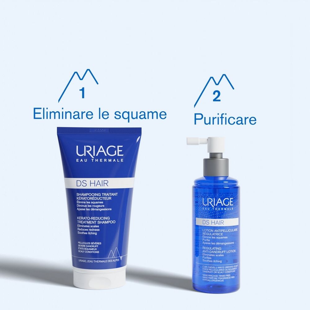 Confronto tra shampoo e lozione. Testo: Eliminare le squame, Purificare. Uriage DS Hair.