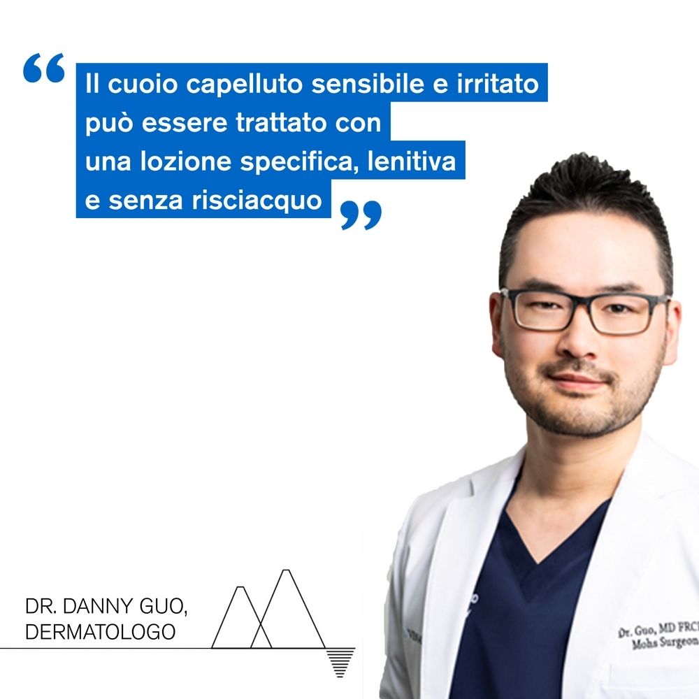 Medico con testo: Il cuoio capelluto sensibile e irritato può essere trattato con una lozione specifica, lenitiva e senza risciacquo.