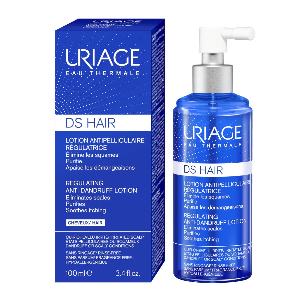 Confezione del prodotto: Scatola e flacone blu. Scritta: Uriage DS Hair, Lotion Antipelliculaire Régulatrice.