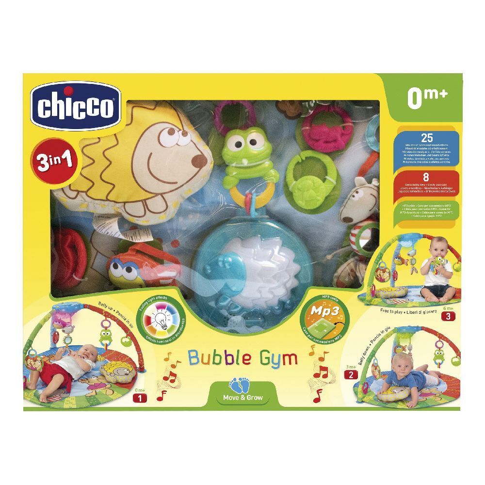 Chicco Bubble Gym. Palestra per neonati con giocattoli e musica. Confezione con immagine del prodotto e loghi. Età consigliata: 0m+.