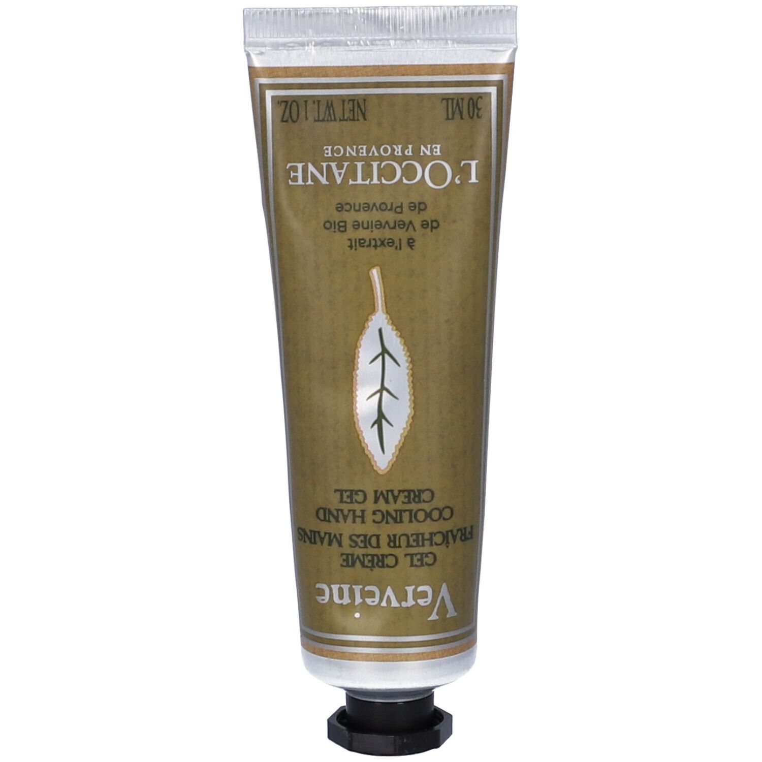 Gel crema mani. Tubo con logo foglia e nome prodotto. Testo: L'Occitane, Verbena, 30 ml.