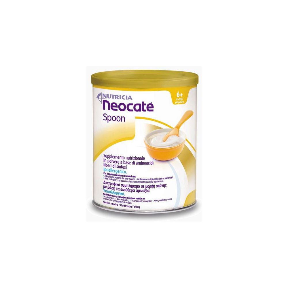Barattolo rotondo con coperchio giallo. Scritta: Neocate Spoon. Immagine di una ciotola con pappa e cucchiaio.