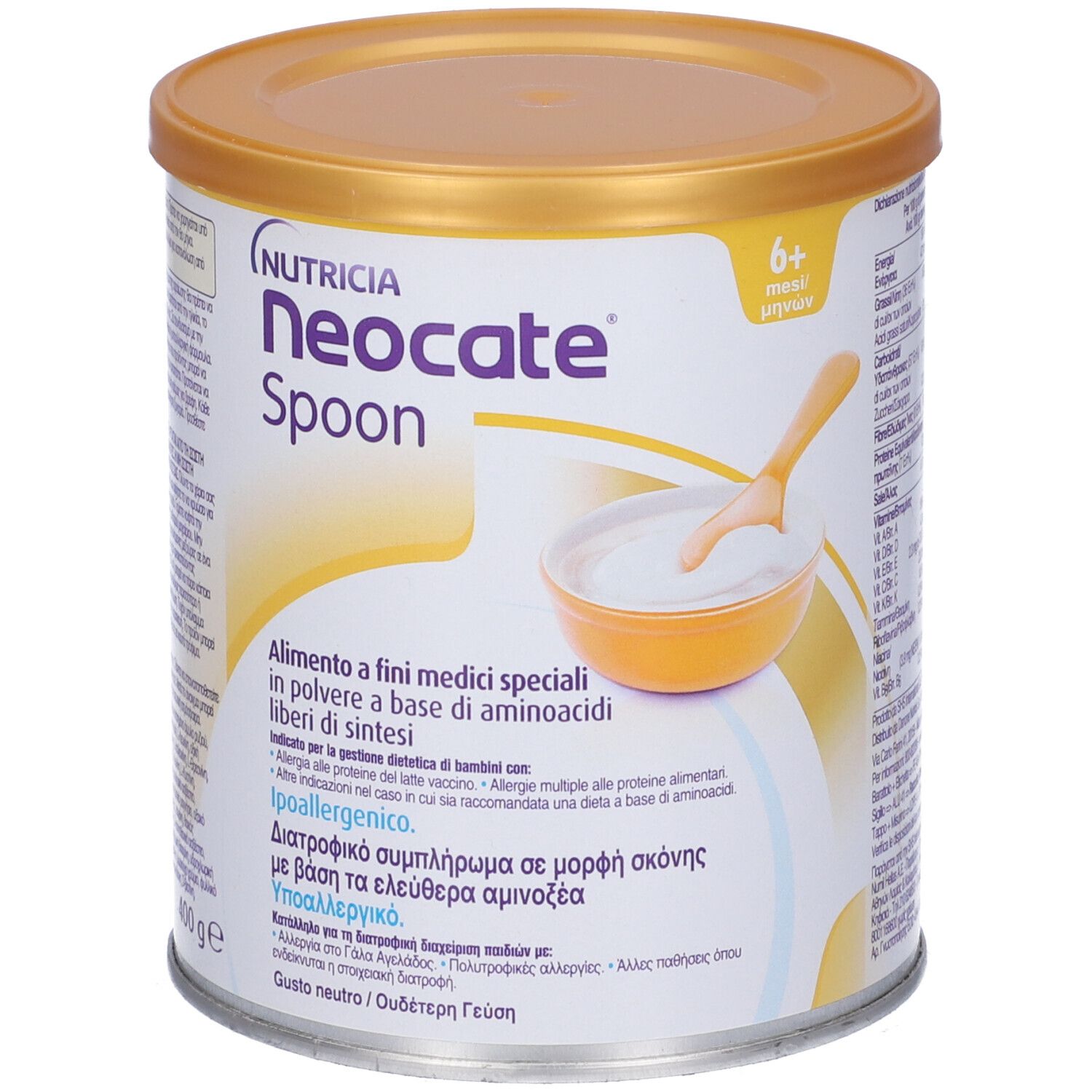 Barattolo rotondo con coperchio giallo. Scritta: Neocate Spoon. Immagine di una ciotola con pappa e cucchiaio.