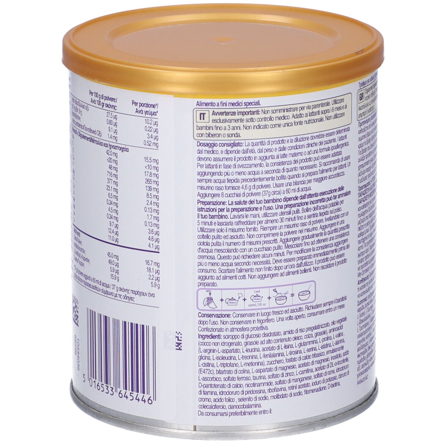 Barattolo rotondo con coperchio giallo. Scritta: Neocate Spoon. Retro con testo e informazioni nutrizionali.