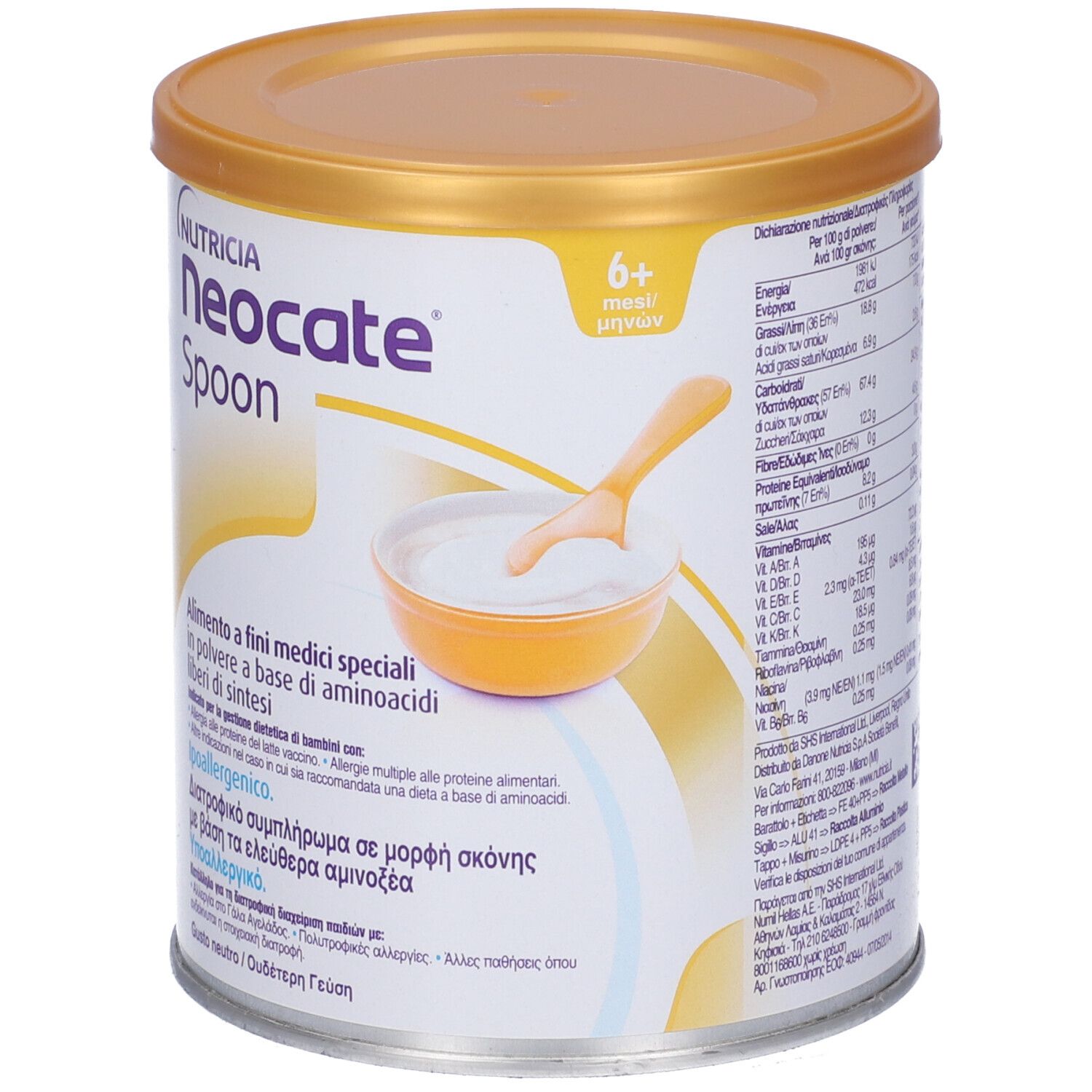 Barattolo rotondo con coperchio giallo. Scritta: Neocate Spoon. Immagine di una ciotola con pappa e cucchiaio.