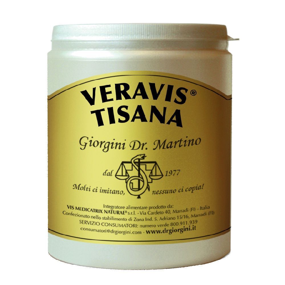 Contenitore cilindrico bianco con etichetta dorata. Scritta: VERAVIS TISANA, Giorgini Dr. Martino. Logo con bilancia e serpente.
