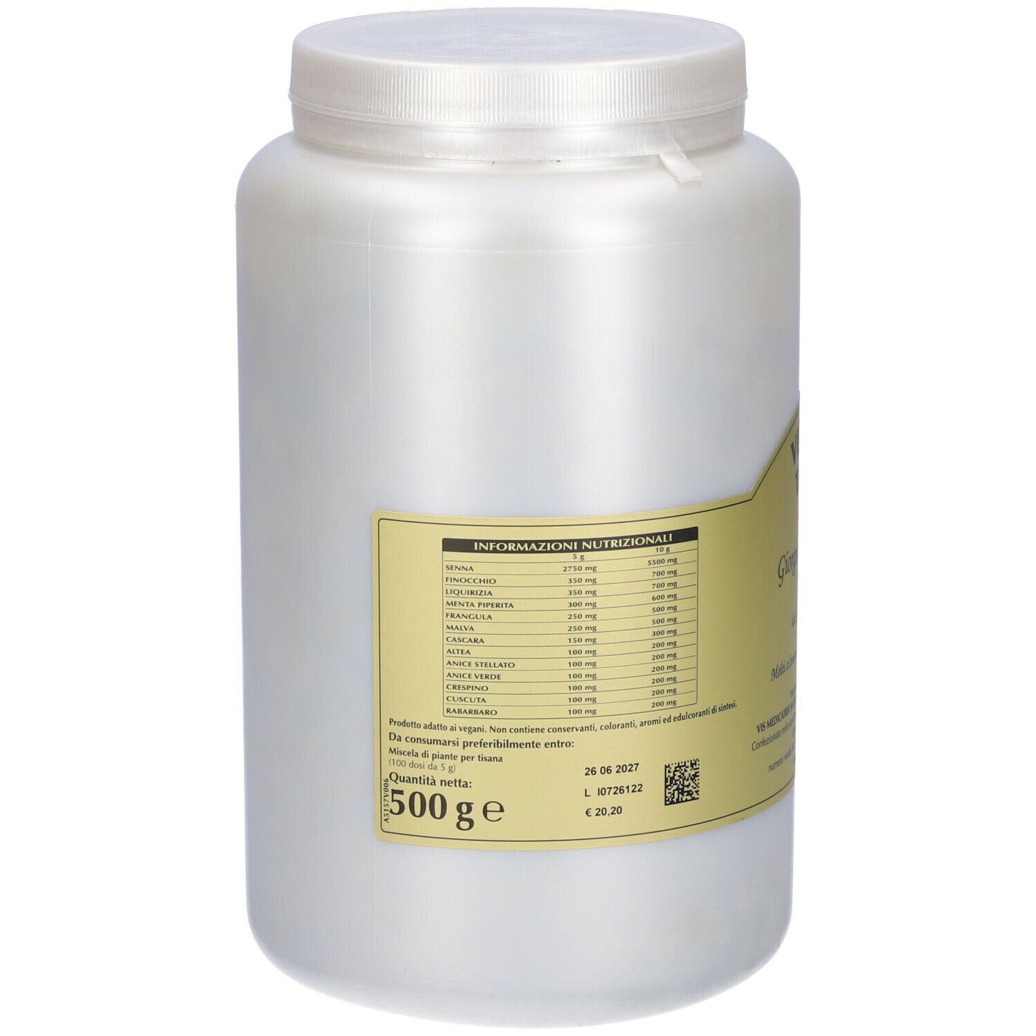 Contenitore bianco con tappo a vite. Etichetta con informazioni nutrizionali e prodotto.