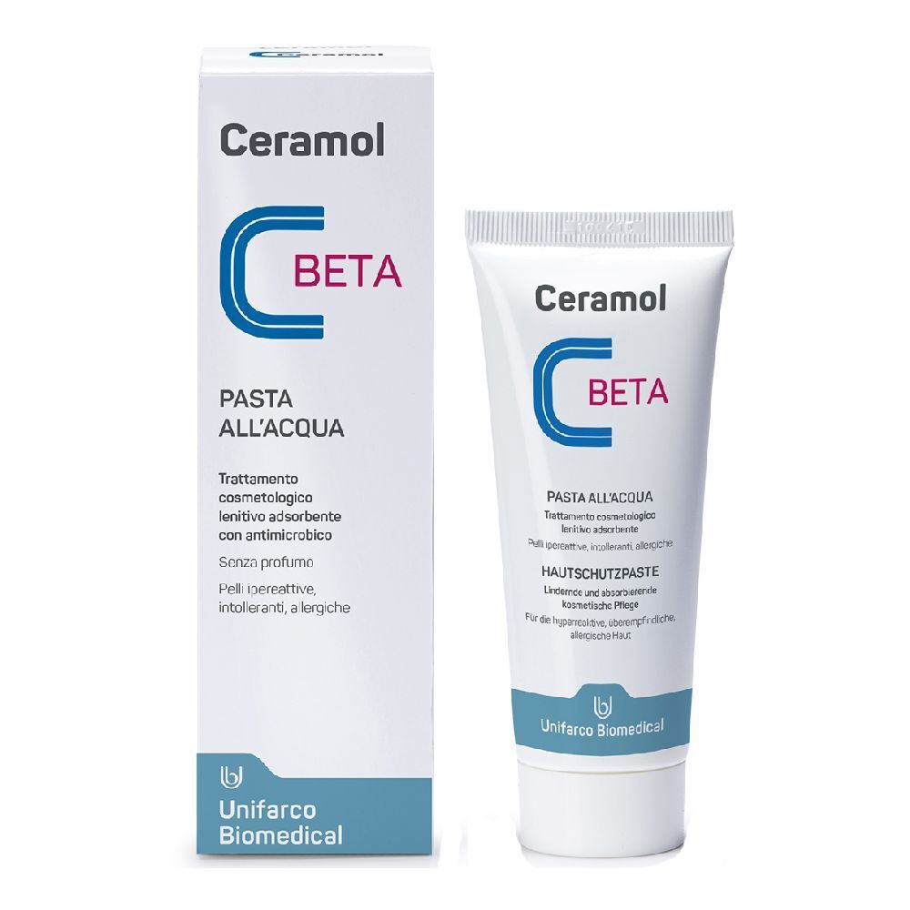Creme-Tube und Schachtel. Aufschrift: Ceramol Beta, Pasta all'Acqua. Enthält antimikrobielle Inhaltsstoffe. Ohne Duftstoffe.