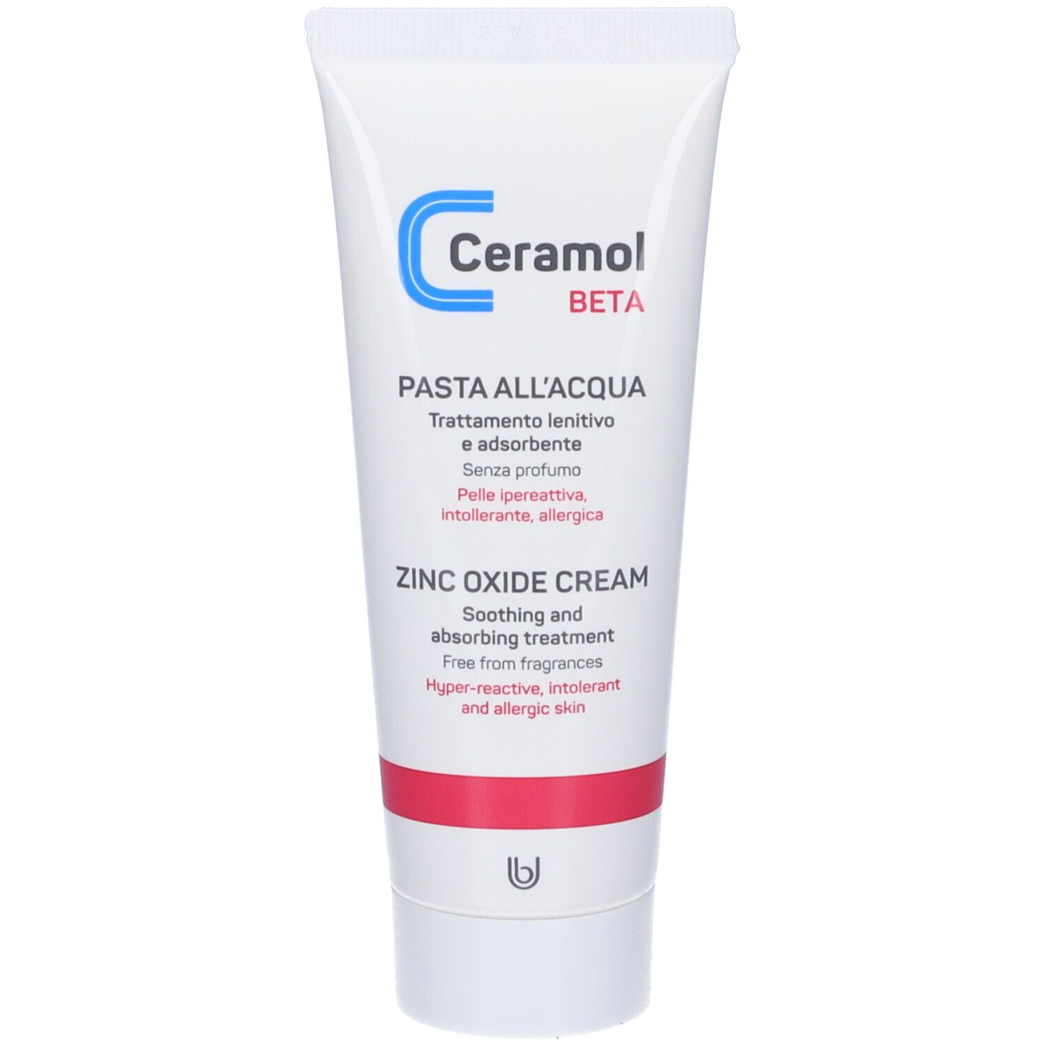 Weiße Tube mit Aufschrift Ceramol Beta, Pasta all'Acqua. Zinkoxid-Creme. Beruhigende und absorbierende Behandlung. Ohne Duftstoffe.