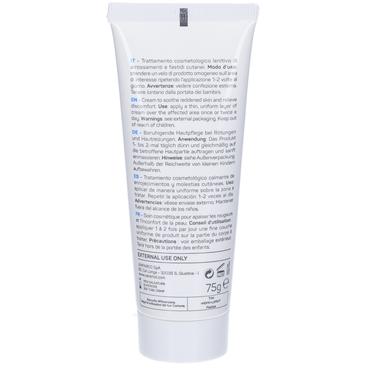 Rückseite der Tube. Text in mehreren Sprachen: Anwendungshinweise, Inhaltsstoffe, Warnhinweise. 75g. Unifarco Biomedical.