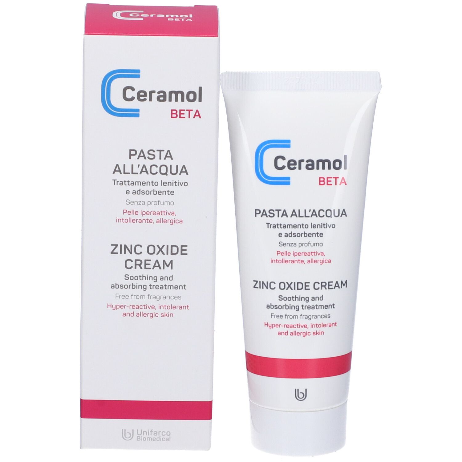 Creme-Tube und Schachtel. Aufschrift: Ceramol Beta, Pasta all'Acqua. Zinkoxid-Creme. Beruhigende und absorbierende Behandlung.