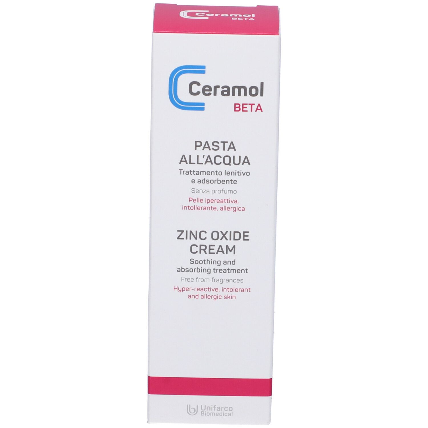Schachtel mit Aufschrift Ceramol Beta, Pasta all'Acqua. Zinkoxid-Creme. Beruhigende und absorbierende Behandlung. Ohne Duftstoffe.