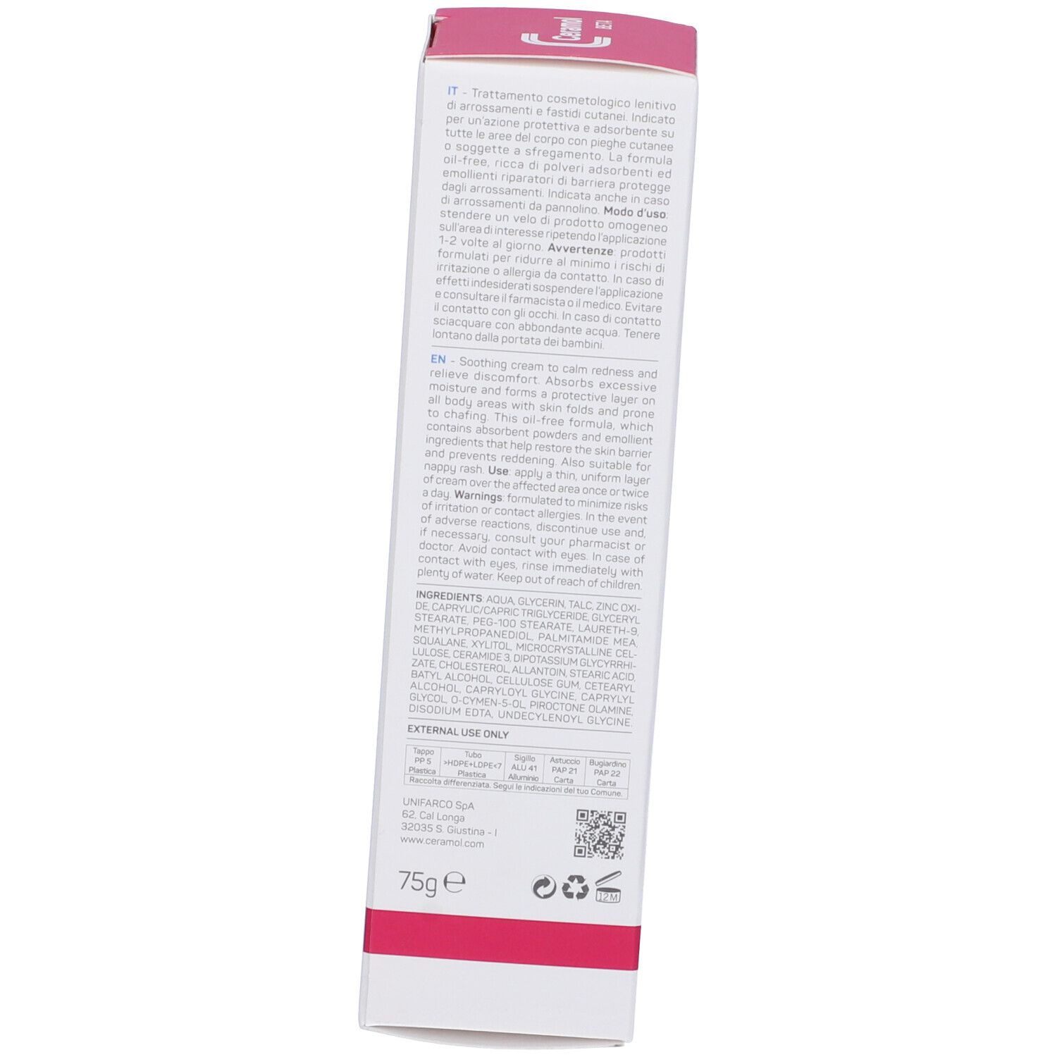 Rückseite der Schachtel. Text in mehreren Sprachen: Anwendungshinweise, Inhaltsstoffe, Warnhinweise. 75g. Unifarco Biomedical.