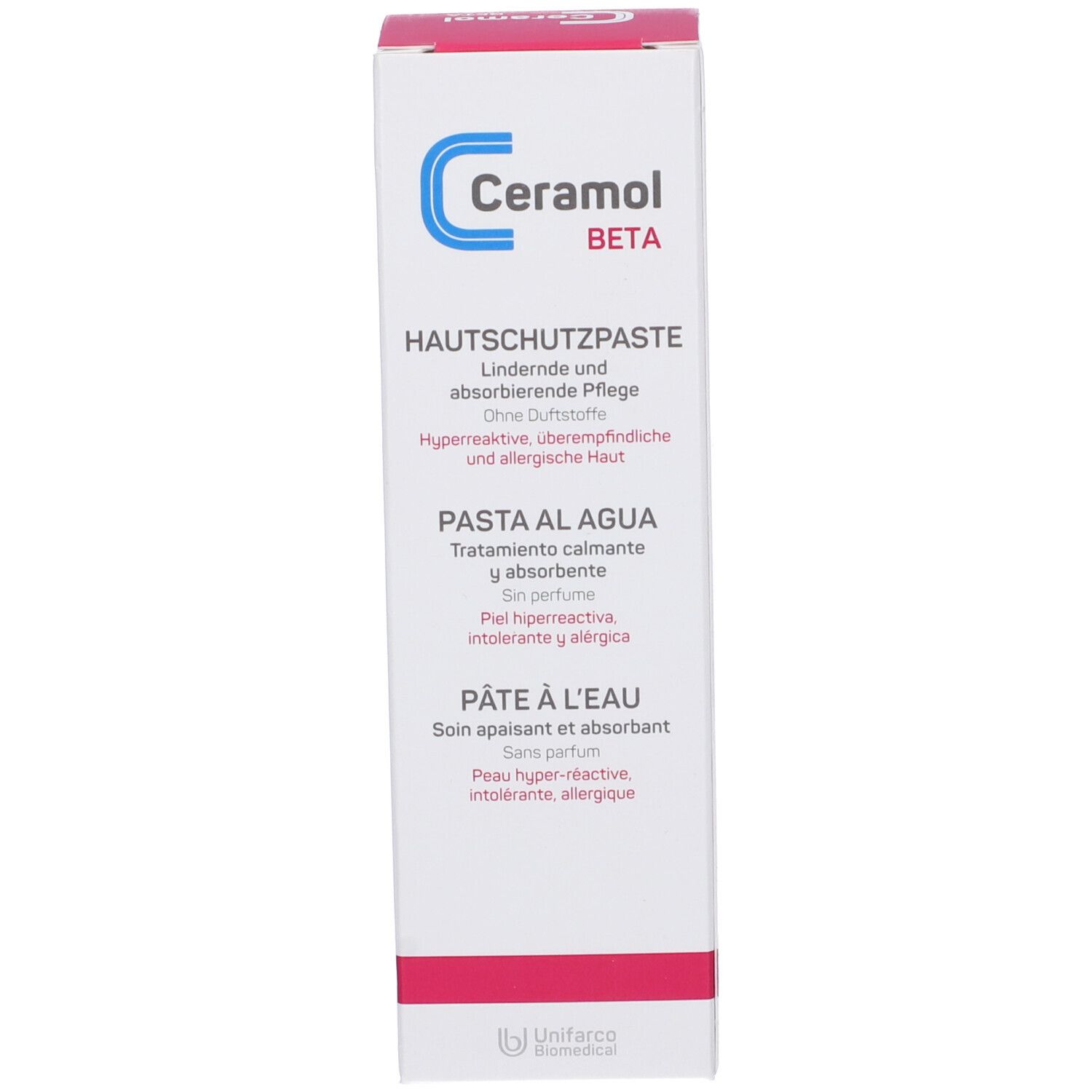 Schachtel mit Aufschrift Ceramol Beta, Hautschutzpaste. Lindert und absorbiert. Für hyperreaktive, überempfindliche Haut.