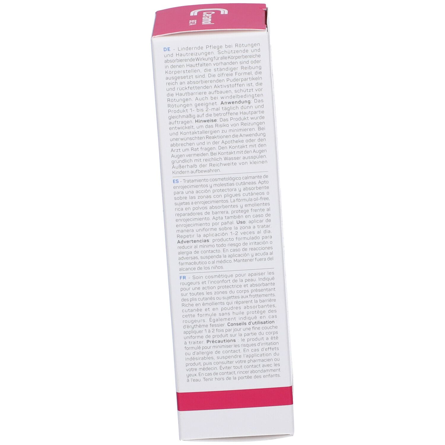 Rückseite der Schachtel. Text in mehreren Sprachen: Anwendungshinweise, Inhaltsstoffe, Warnhinweise. 75g. Unifarco Biomedical.