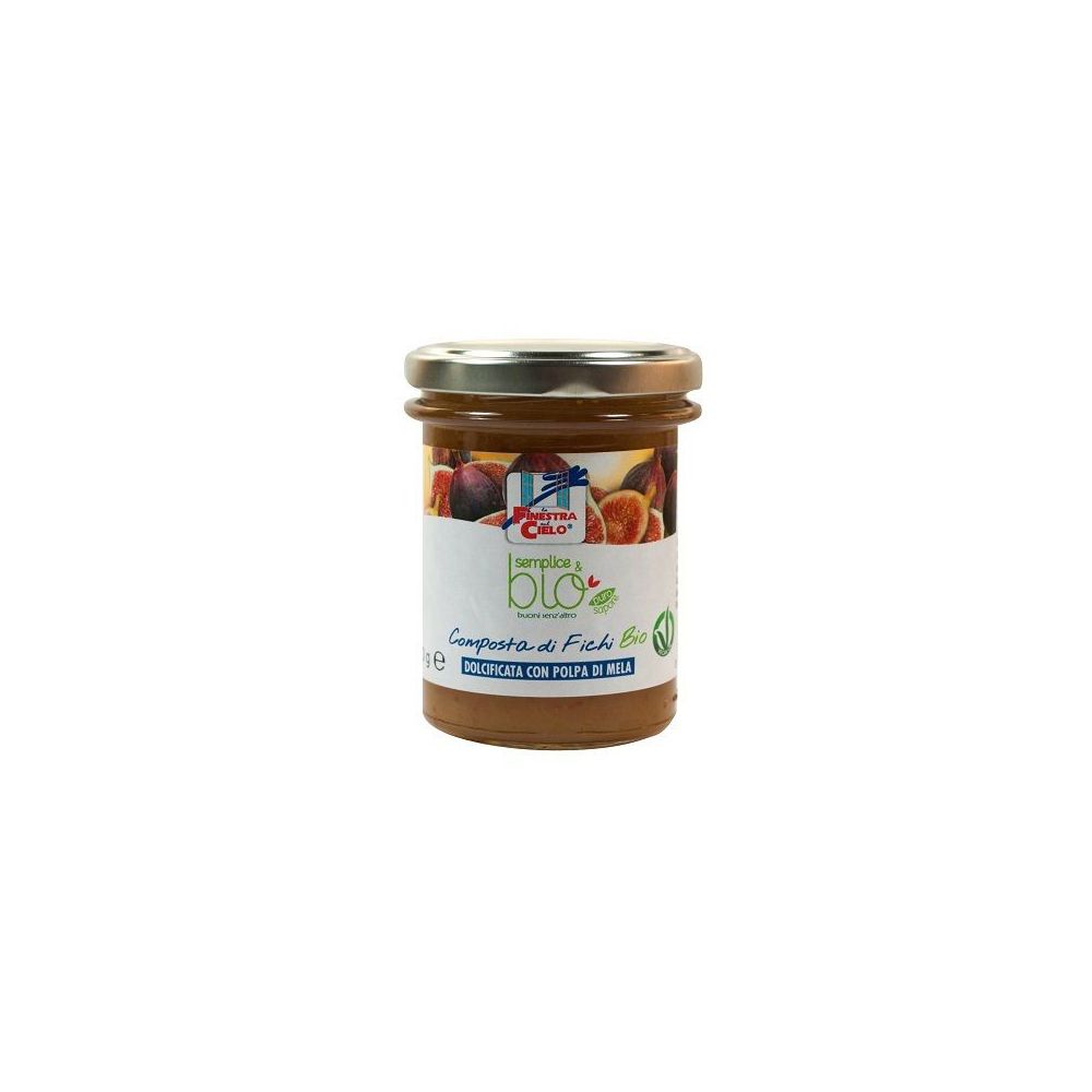 Vasetto di composta. Etichetta con nome e logo del prodotto. Coperchio in metallo. Scritta: Composta di Fichi Bio.