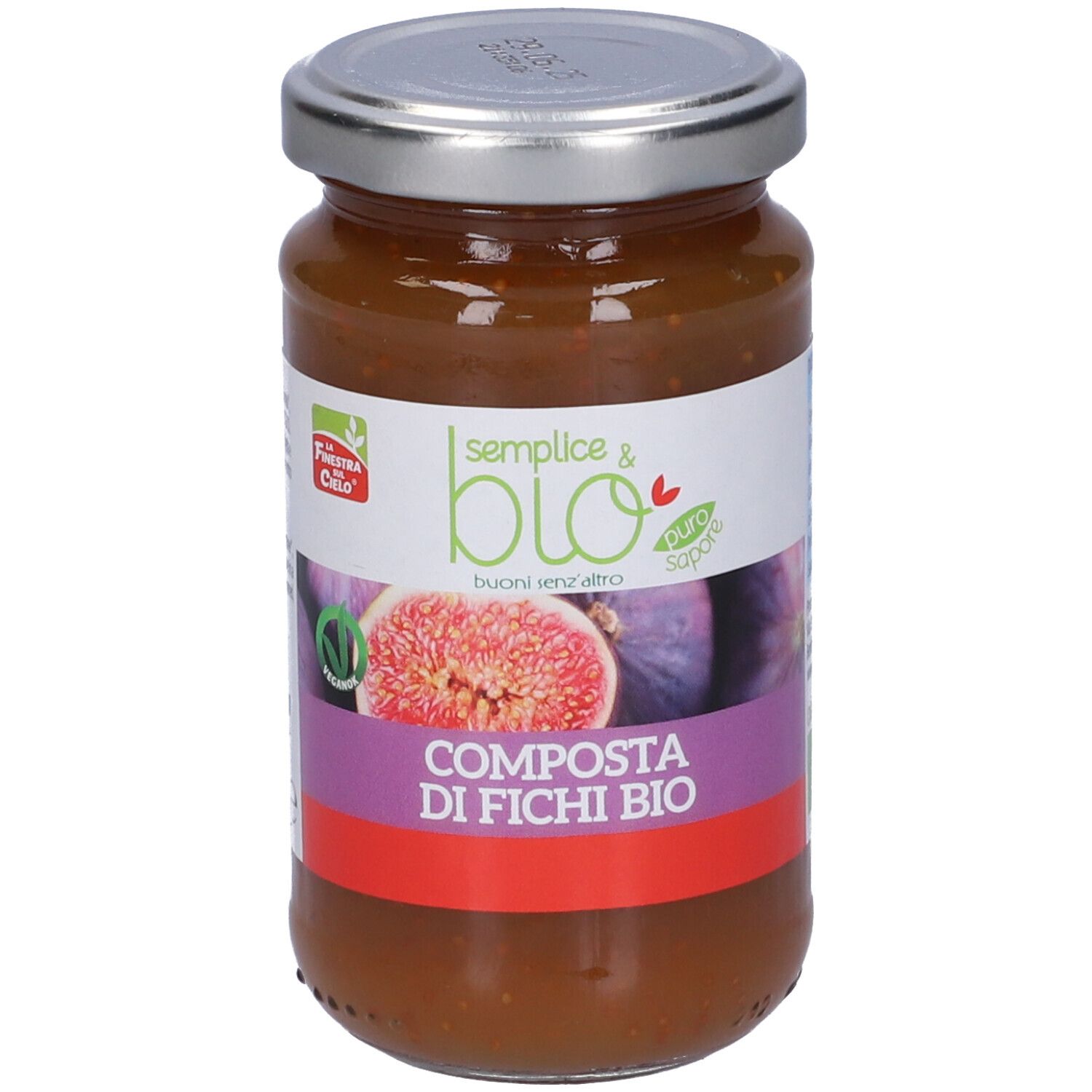 Vasetto di composta. Etichetta con nome, logo e immagine di fico. Coperchio in metallo. Scritta: Composta di Fichi Bio.